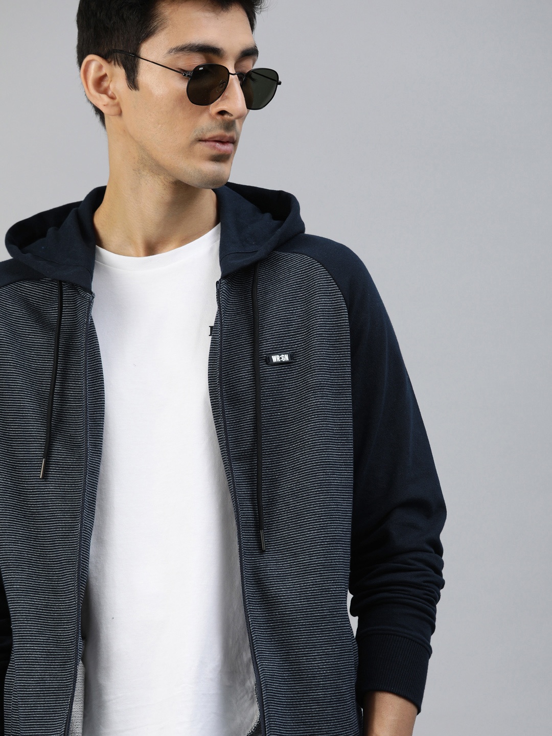 

WROGN Men Navy Blue & White Slim Fit Striped Hooded Sweatshirt