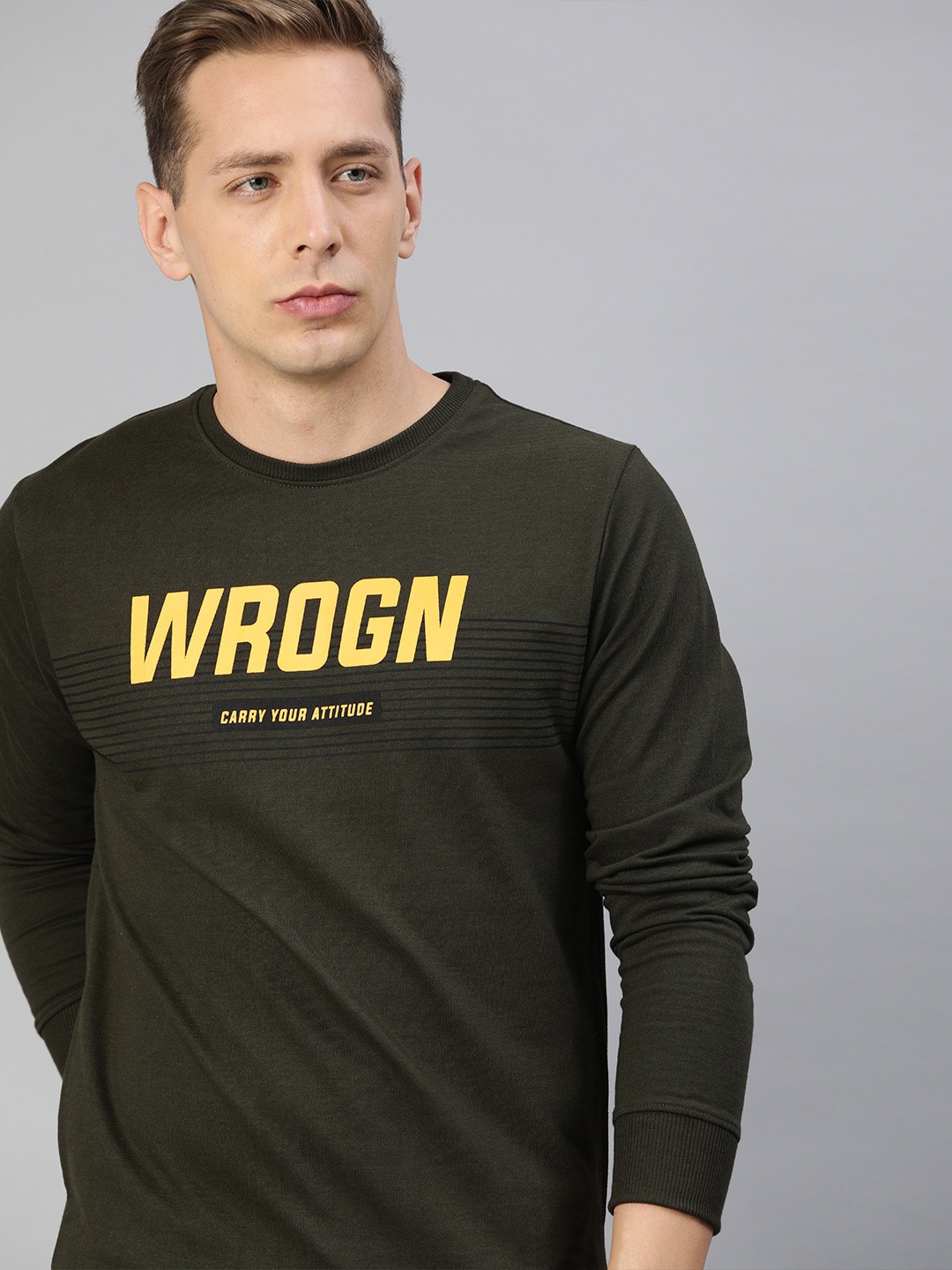 

WROGN Men Olive Green Printed Round Neck Sweatshirt