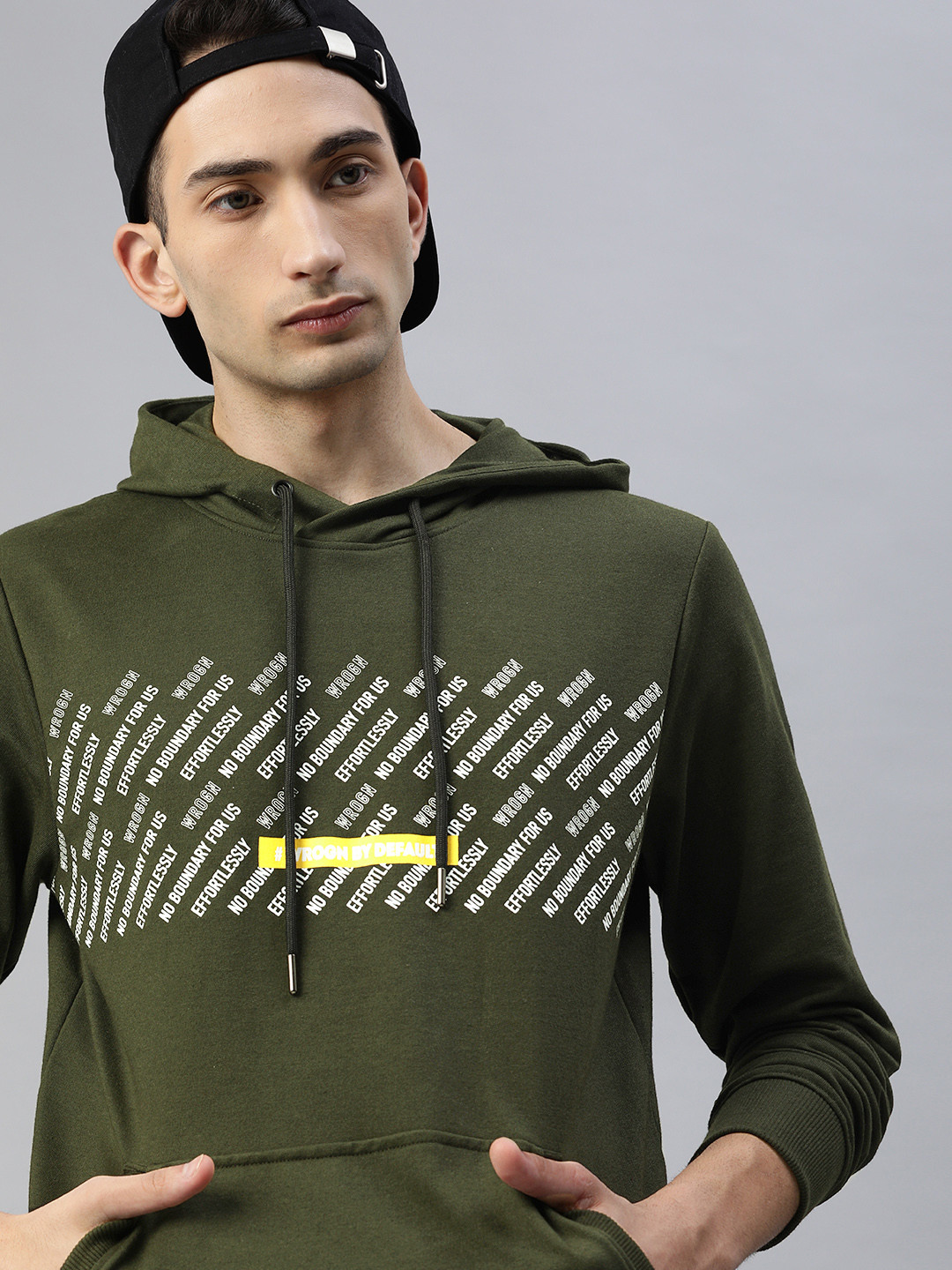 

WROGN Men Olive Green Printed Hooded Sweatshirt