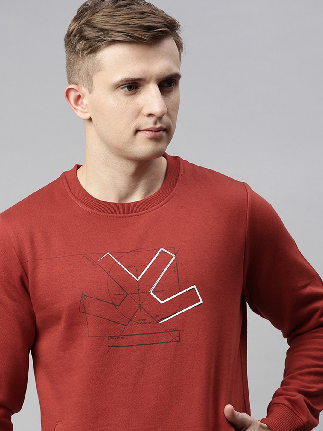 

WROGN Men Rust Red Printed Pullover Sweatshirt