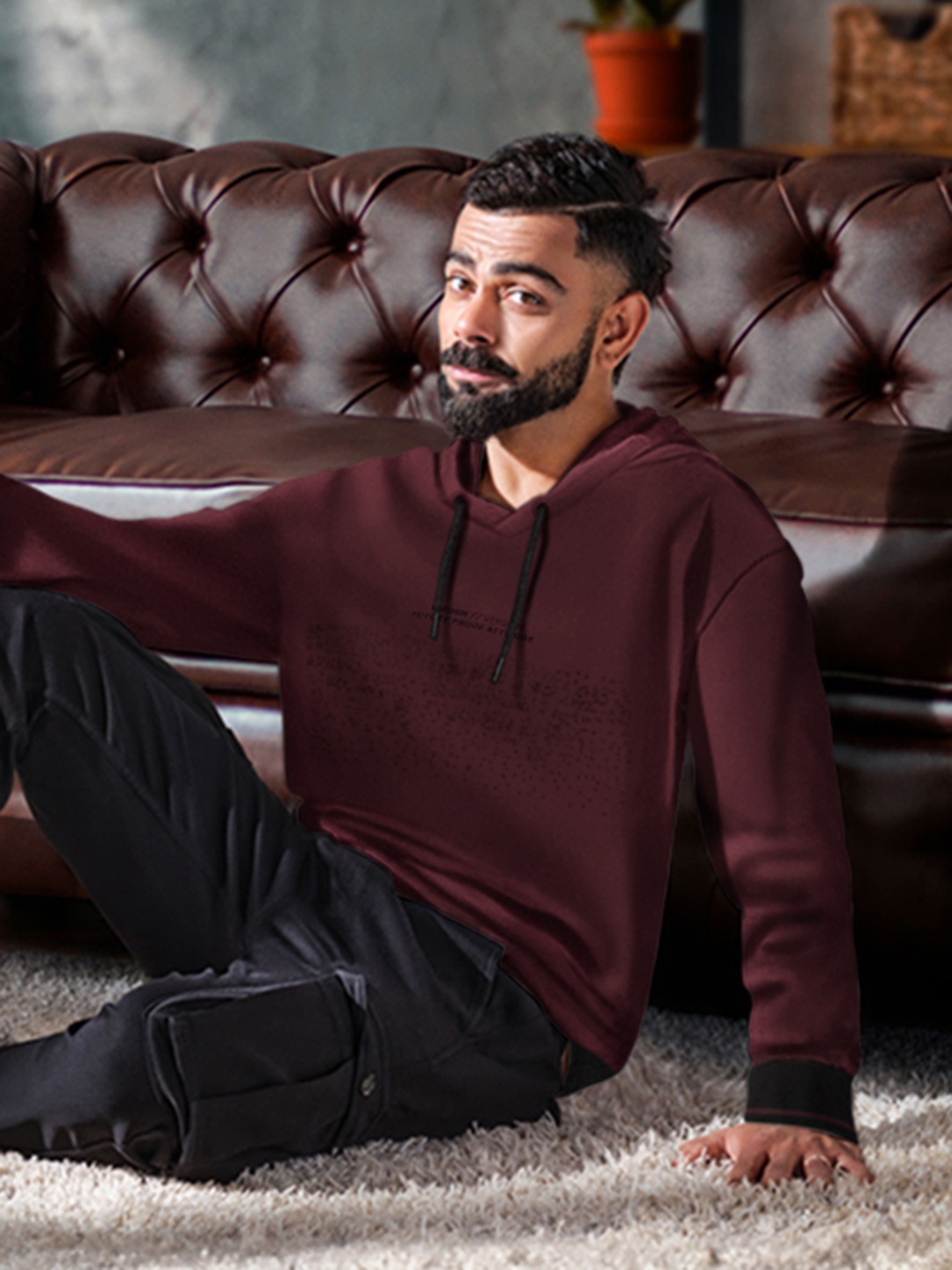 

WROGN Men Maroon Printed Slim Fit Hooded Sweatshirt