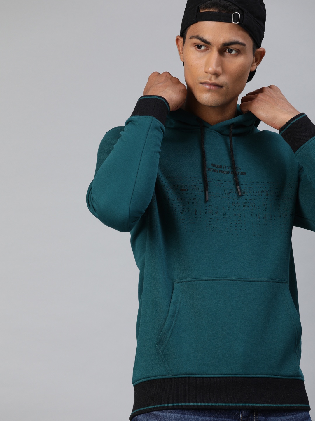 

WROGN Men Teal Blue Printed Slim Fit Hooded Sweatshirt