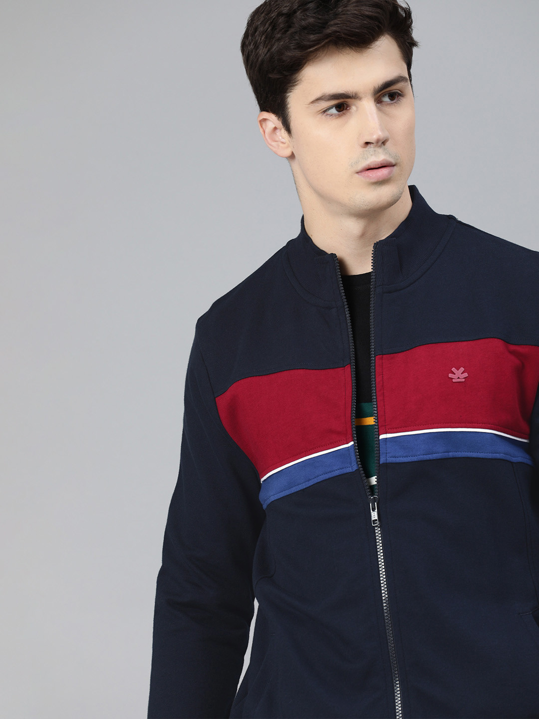 

WROGN Men Navy Blue & Red Striped Slim Fit Front-Open Sweatshirt