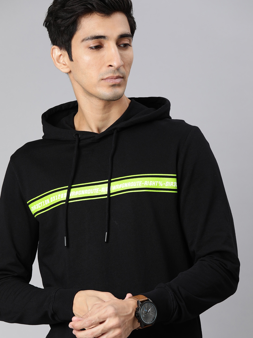 

WROGN Men Black & Green Striped Hooded Sweatshirt