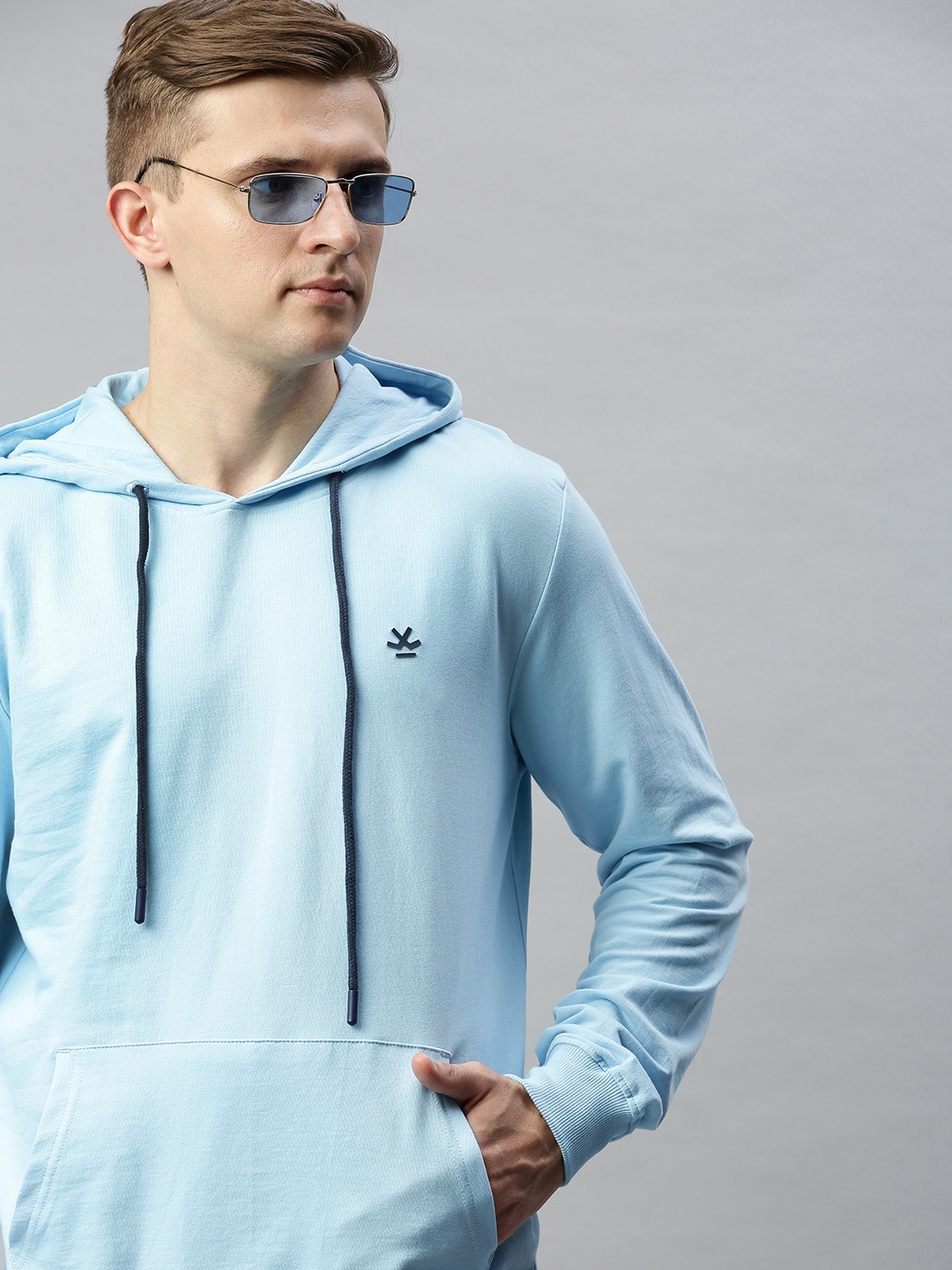 

WROGN Men Blue Slim Fit Solid Hooded Sweatshirt