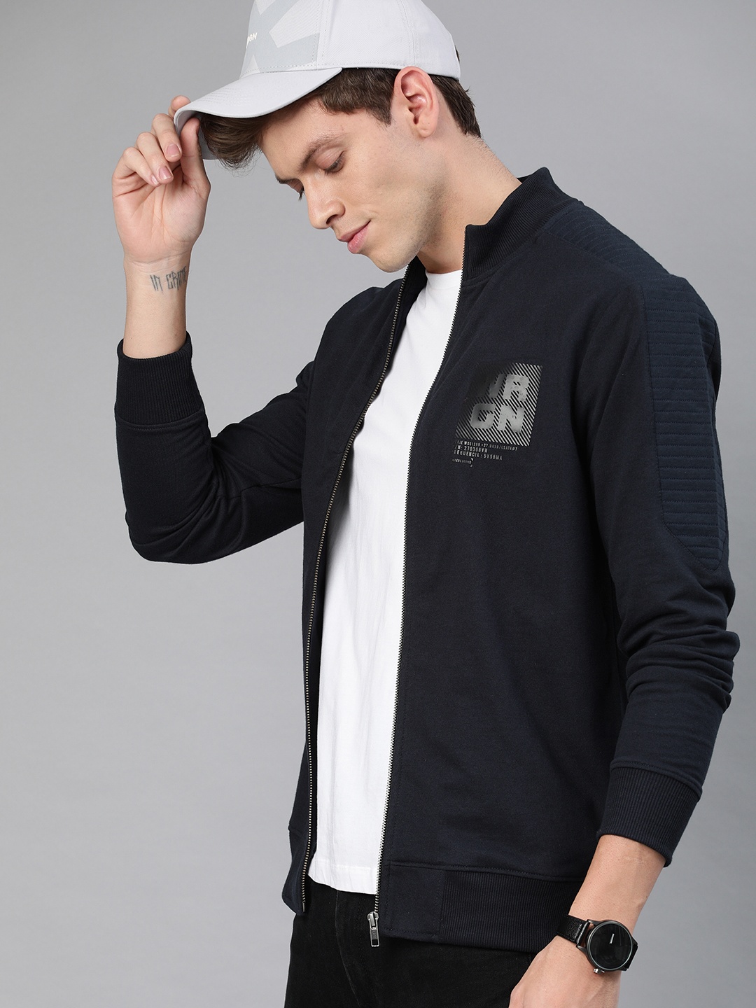 

WROGN Men Navy Blue Printed Slim Fit Front-Open Sweatshirt