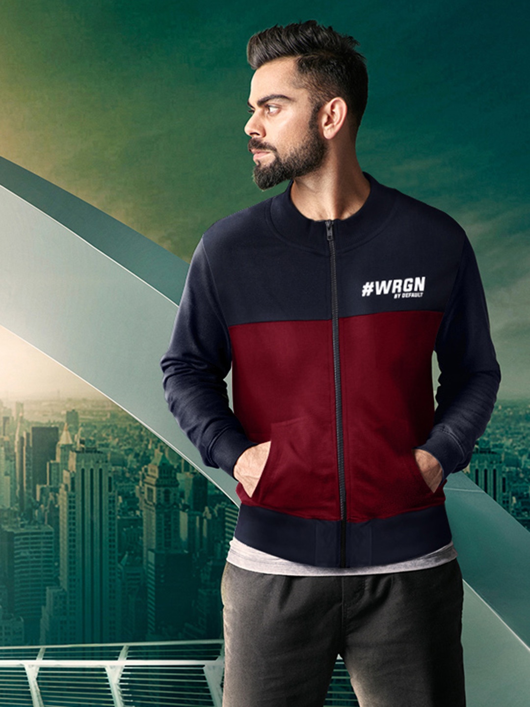 WROGN Men Maroon & Navy Blue Colourblocked Sweatshirt