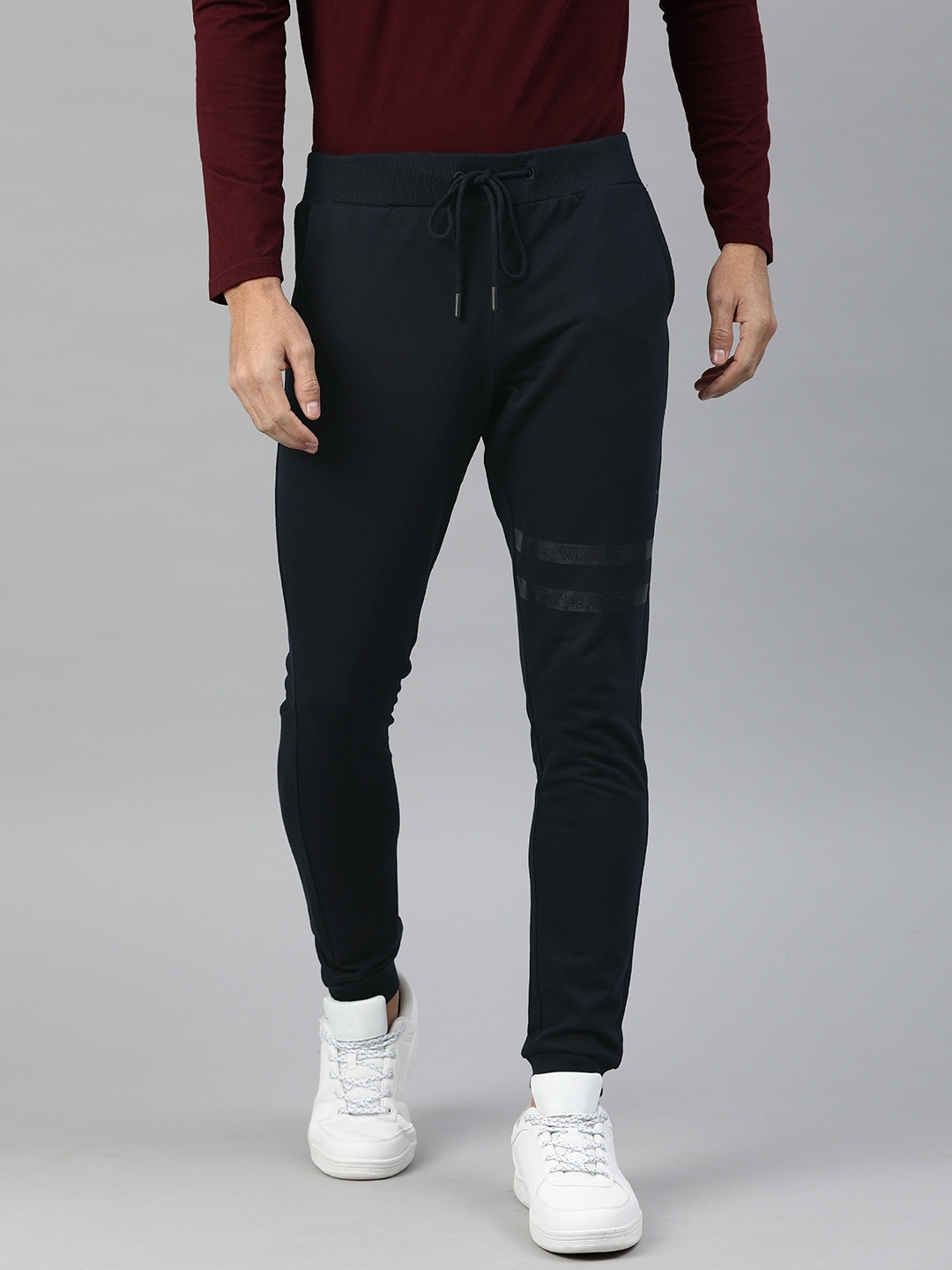 

WROGN Men Navy Blue Solid Straight Fit Joggers with Stripes