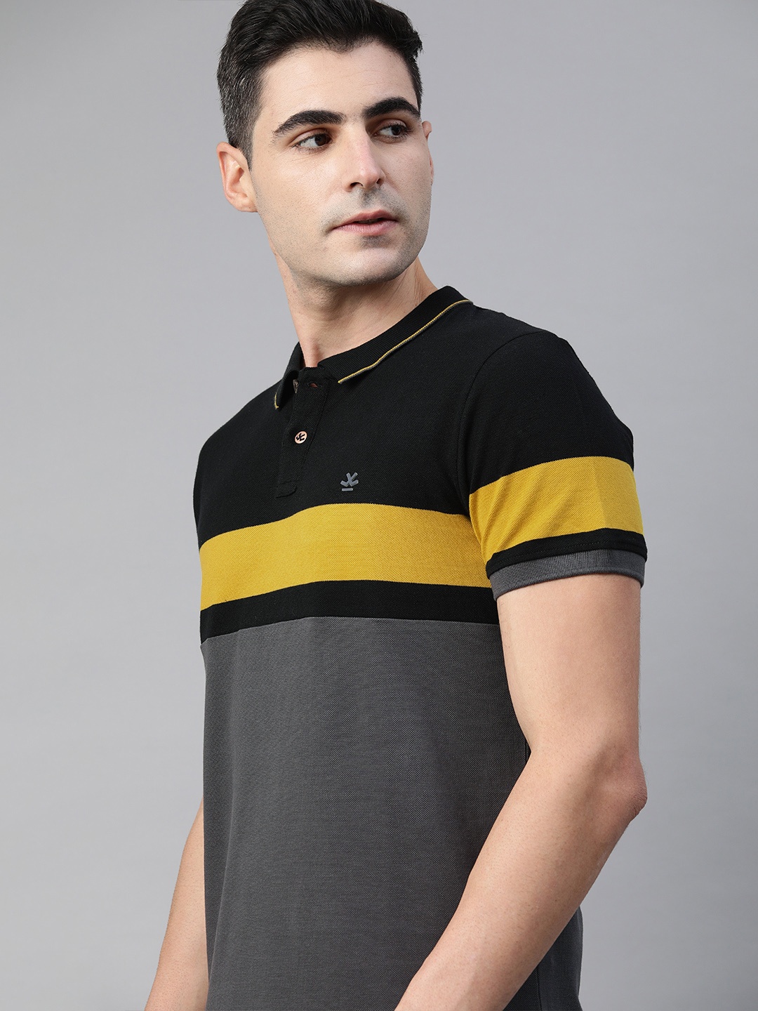 

WROGN Men Charcoal Grey Black Slim Fit Colourblocked Polo Collar Pure Cotton T-shirt