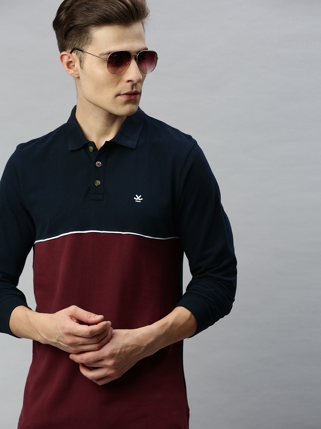

WROGN Men Navy Blue Maroon Slim Fit Colourblocked Polo Collar Pure Cotton T-shirt