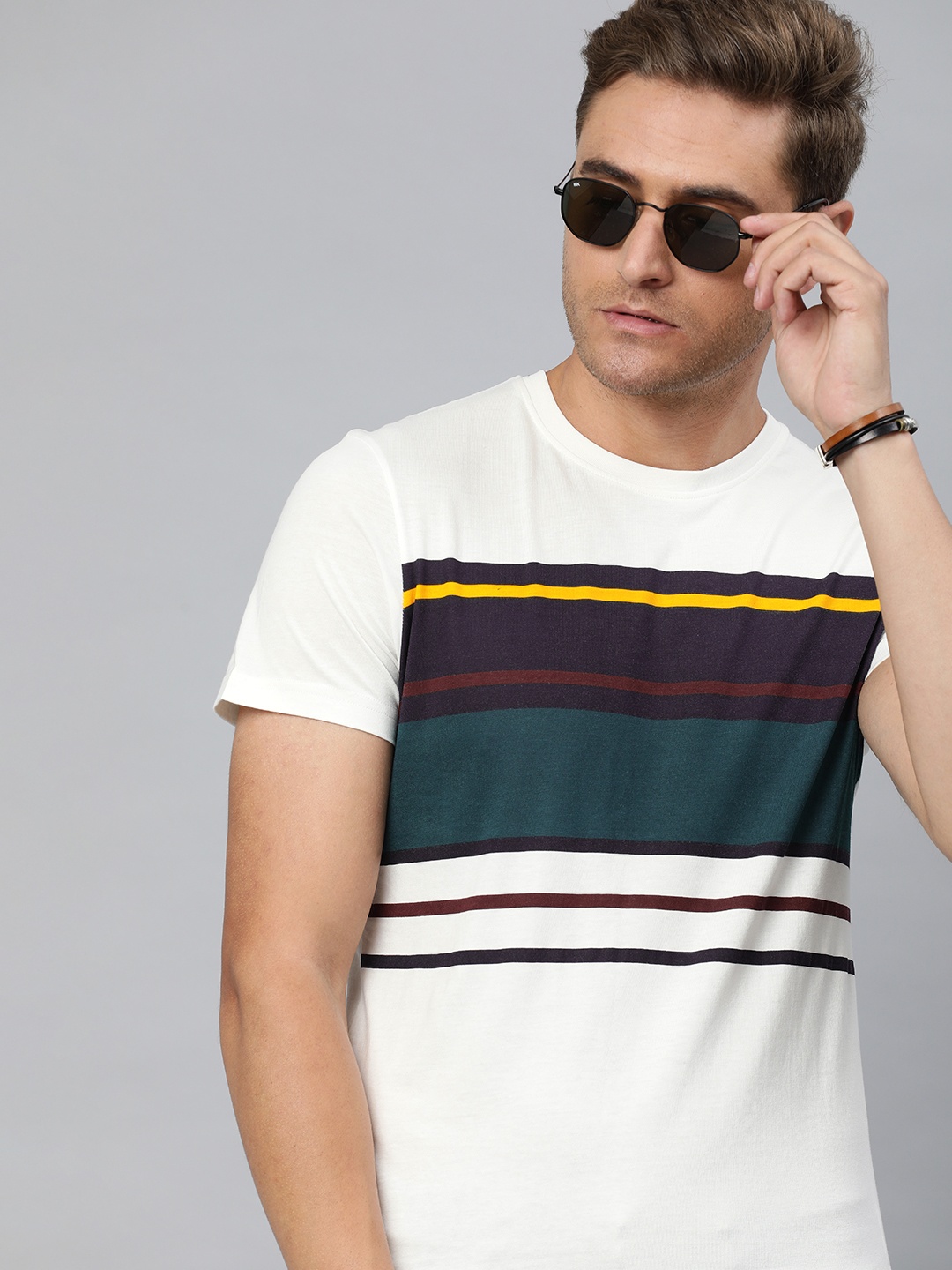 

WROGN Men White Striped Round Neck T-shirt