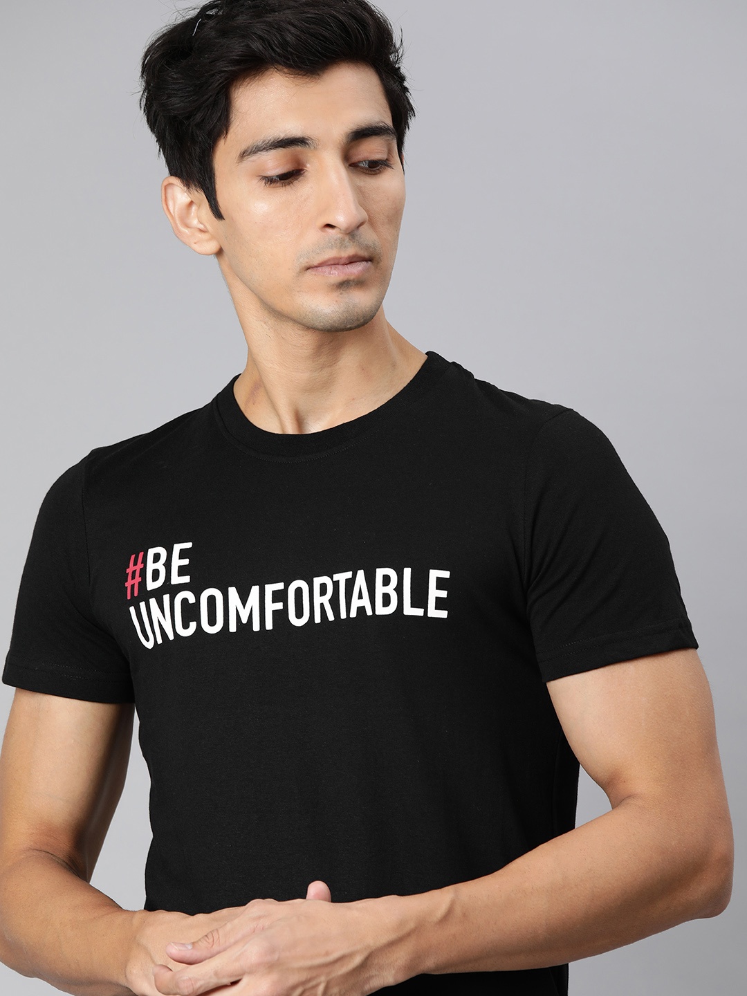 

WROGN Men Black Printed Round Neck Sustainable Pure Cotton T-shirt