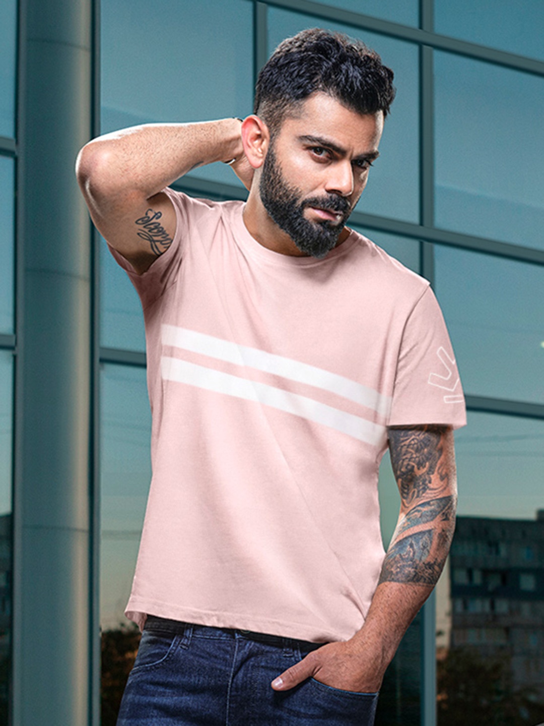 

WROGN Men Peach-Coloured White Slim Fit Striped Round Neck Pure Cotton T-shirt