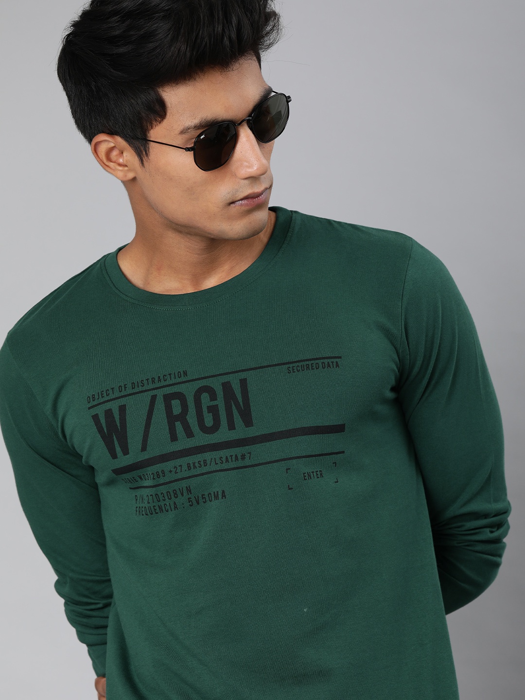 

WROGN Men Olive Green Printed Round Neck Pure Cotton T-shirt