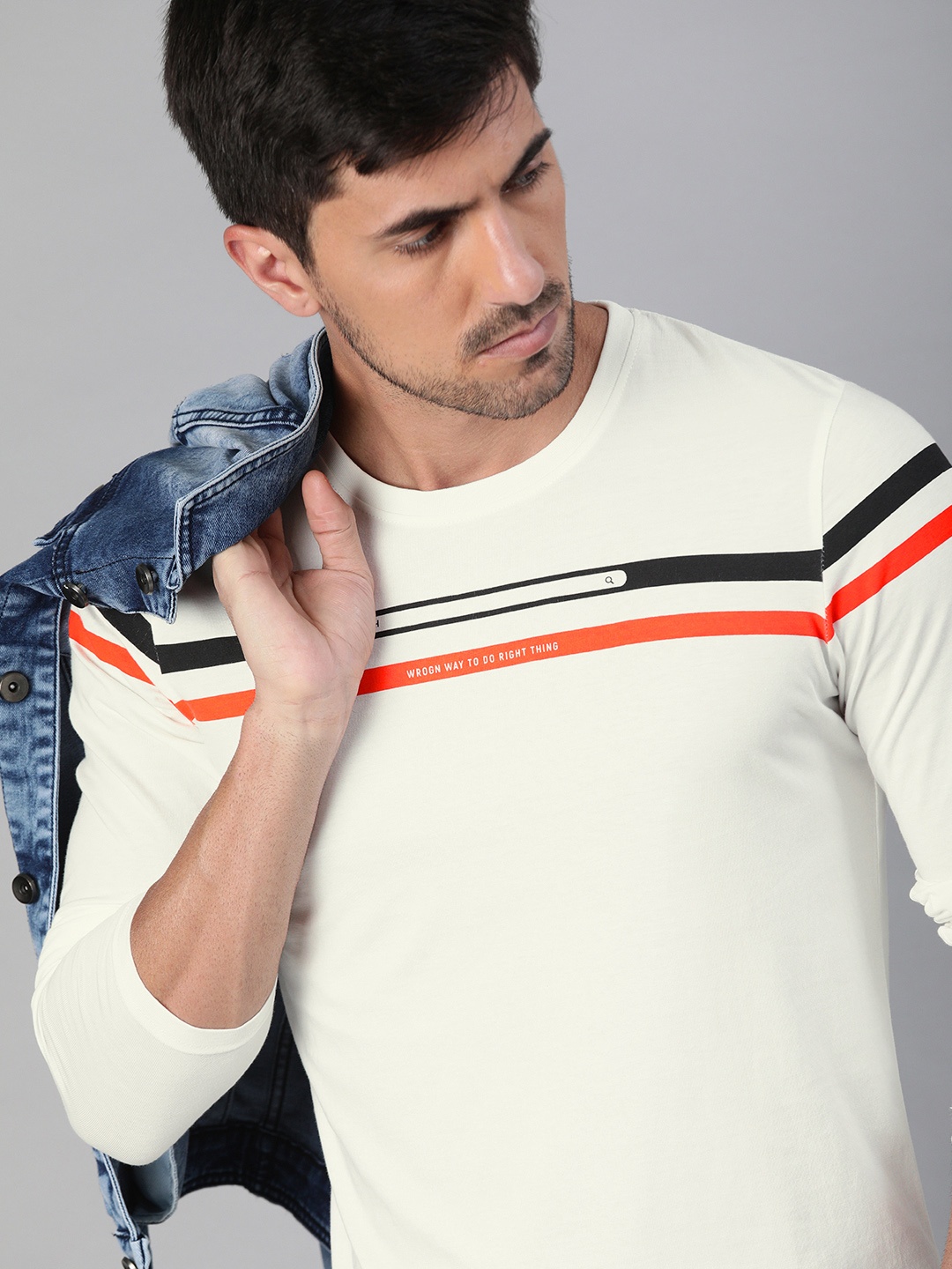 

WROGN Men Off-White Printed Slim Fit Round Neck Pure Cotton T-shirt