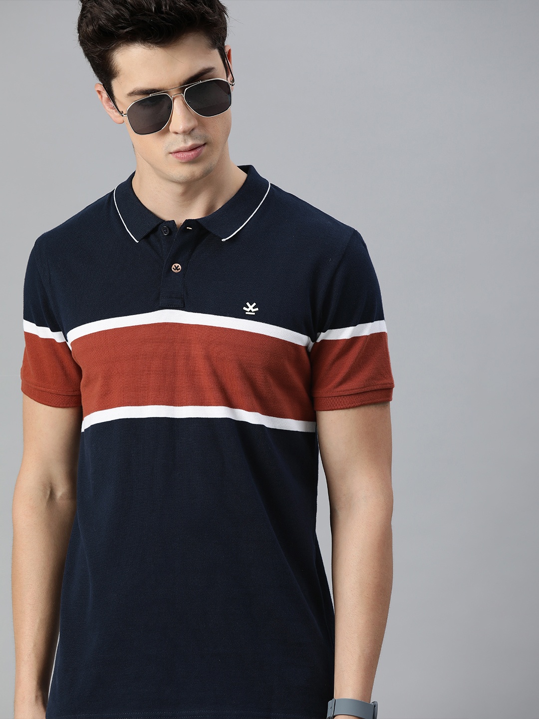 

WROGN Men Navy Blue Rust Brown Colourblocked Slim Fit Polo Collar Pure Cotton T-shirt