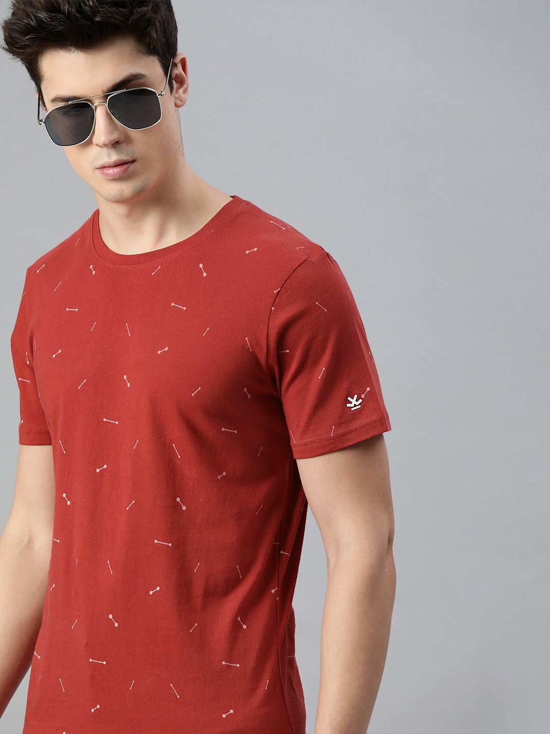 

WROGN Men Red Grey Printed Slim Fit Round Neck Pure Cotton T-shirt
