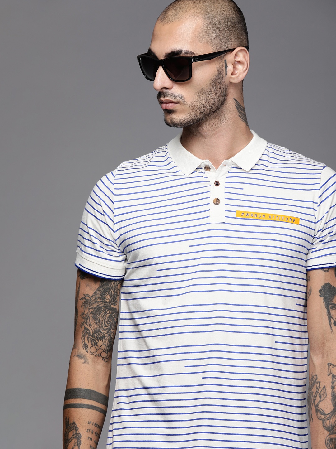 

WROGN Men White Blue Slim Fit Striped Polo Collar Pure Cotton T-shirt