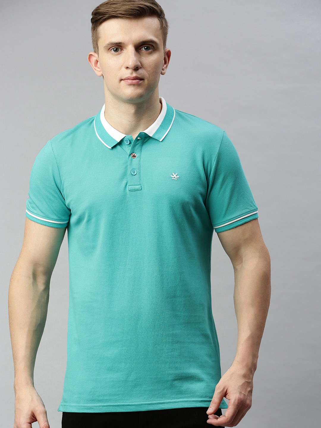 

WROGN Men Turquoise Blue Solid Slim Fit Polo Collar Pure Cotton T-shirt