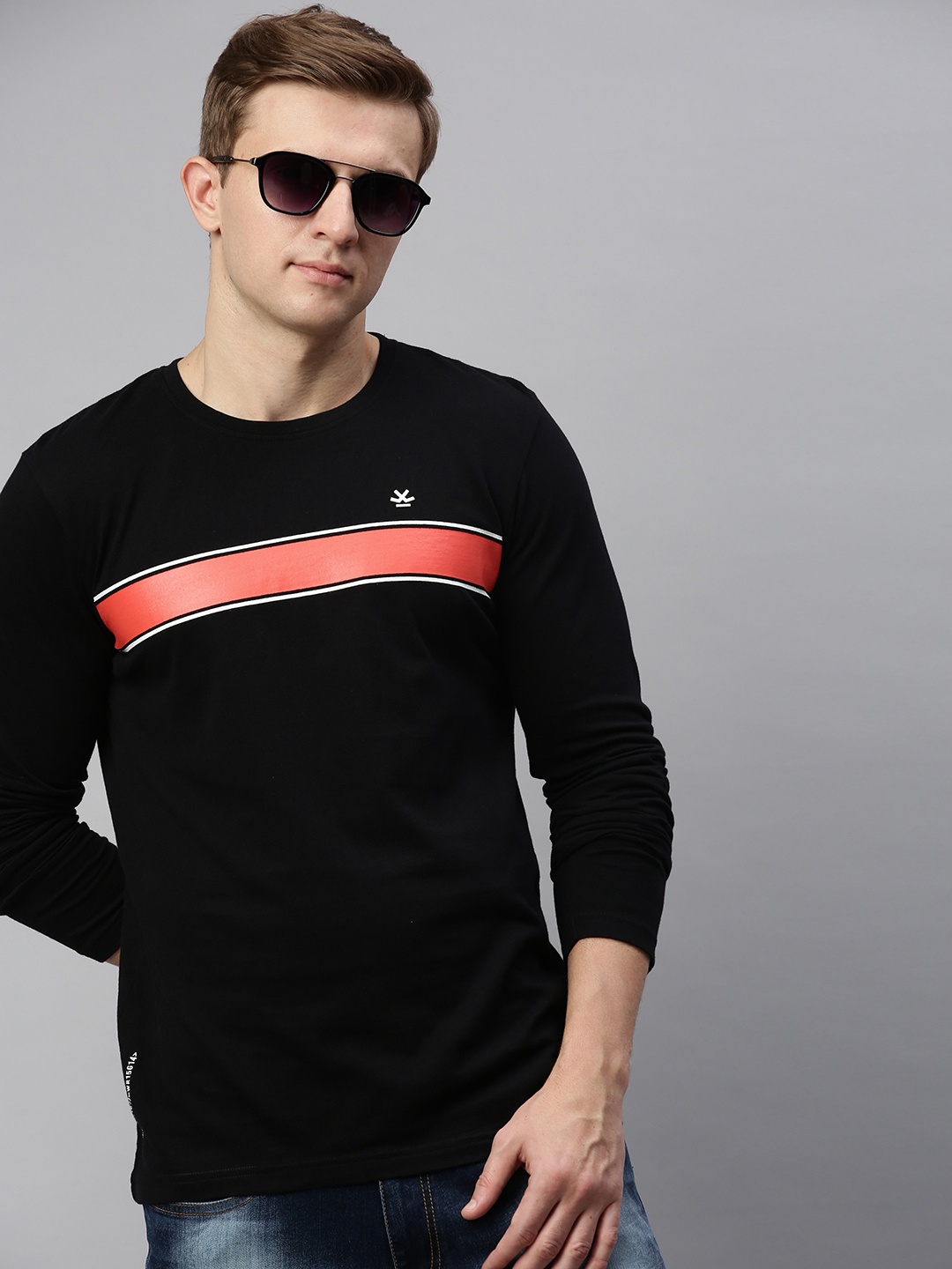 

WROGN Men Black Coral Orange Striped Slim Fit Round Neck Pure Cotton T-shirt