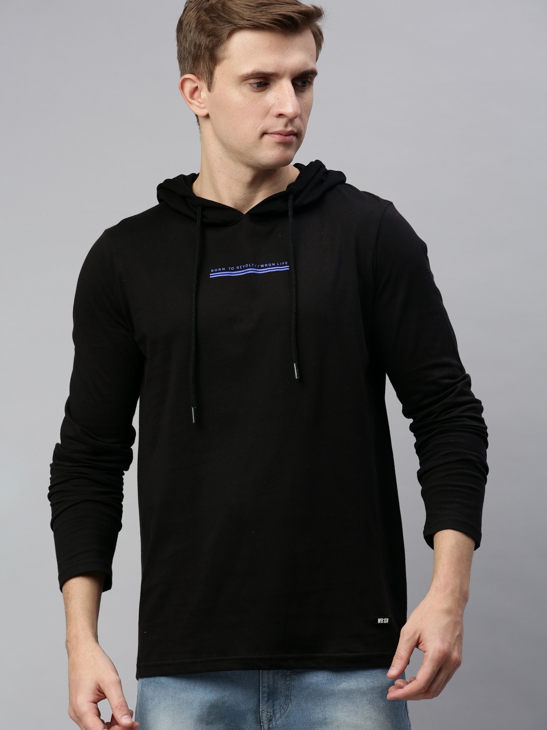 

WROGN Men Black Slim Fit Solid Hood T-shirt