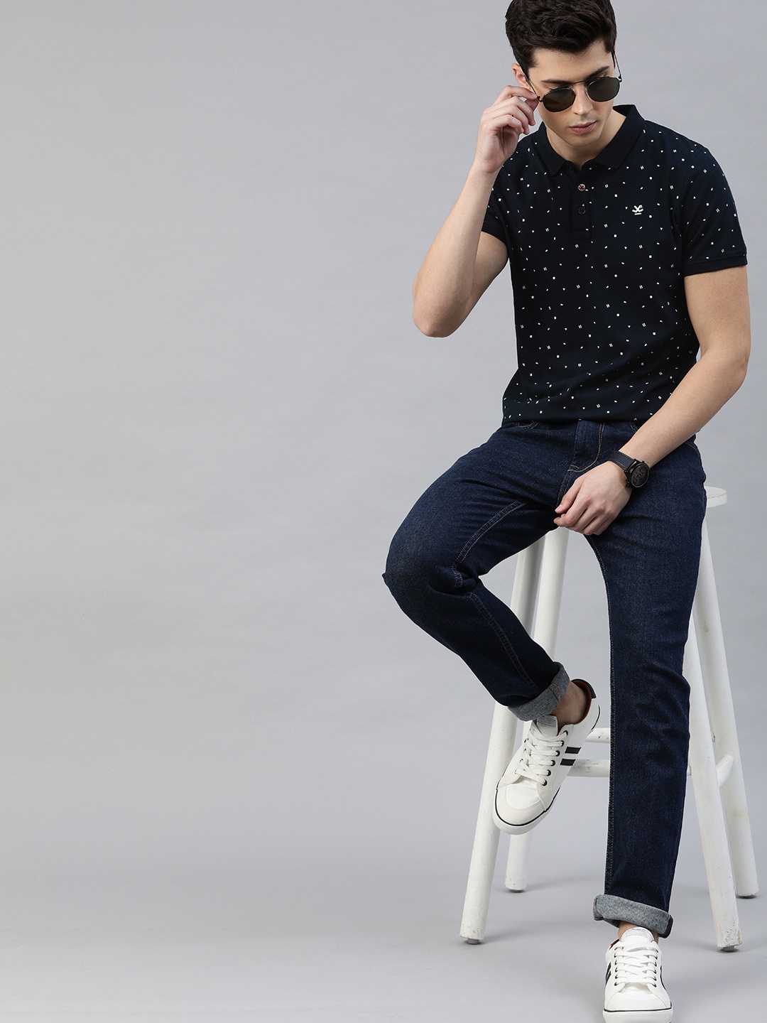 

WROGN Men Navy Blue White Slim Fit Printed Polo Collar Pure Cotton T-shirt