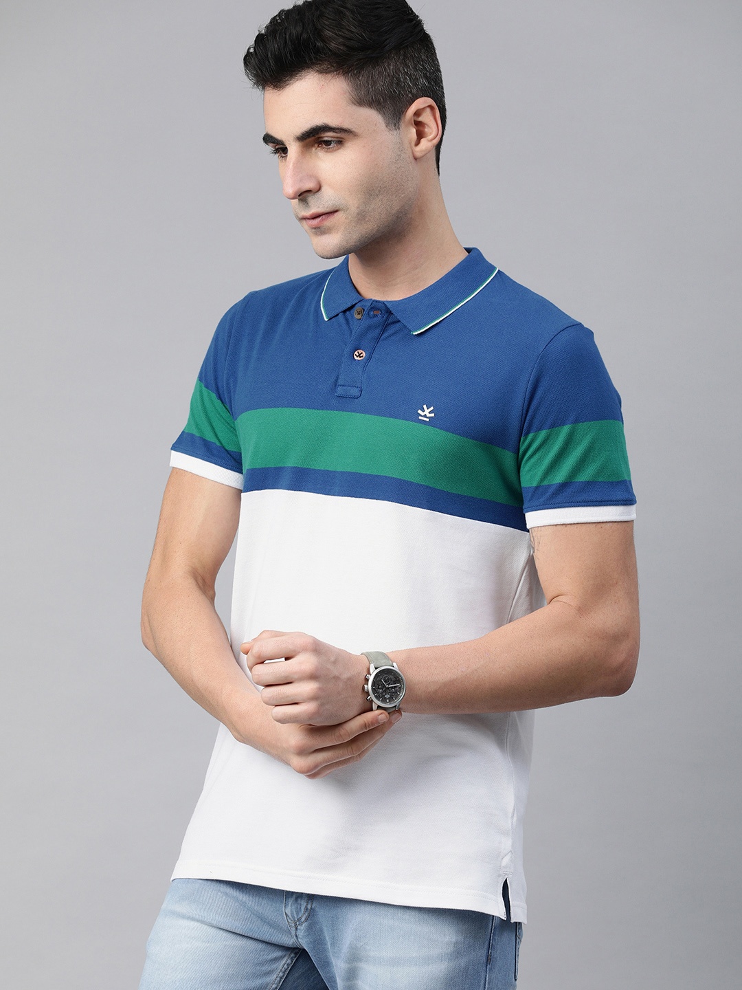 

WROGN Men White Blue Slim Fit Colourblocked Polo Collar Pure Cotton T-shirt