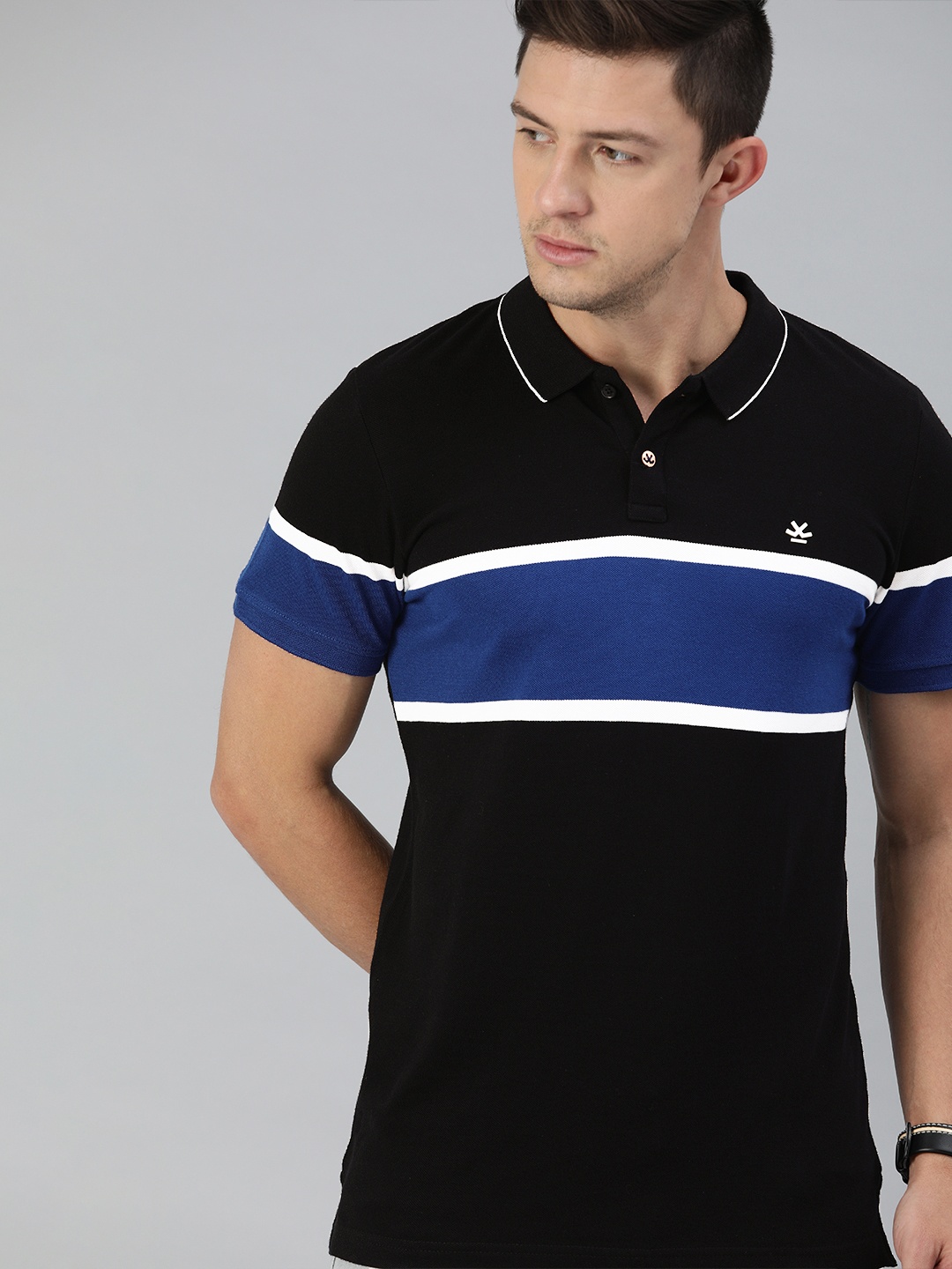 

WROGN Men Black Blue Striped Polo Collar Pure Cotton T-shirt