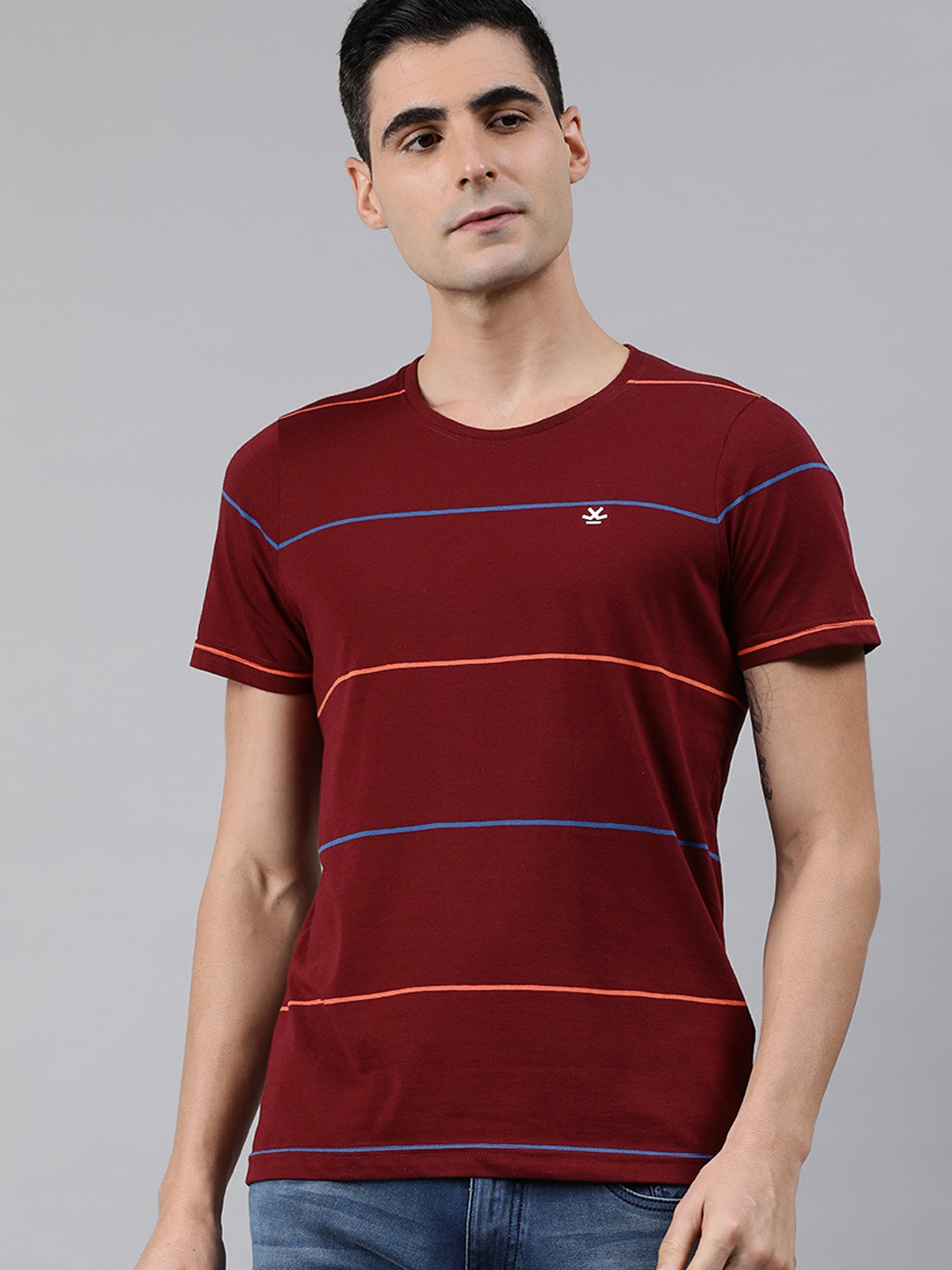 

WROGN Men Maroon & Blue Striped Round Neck T-shirt