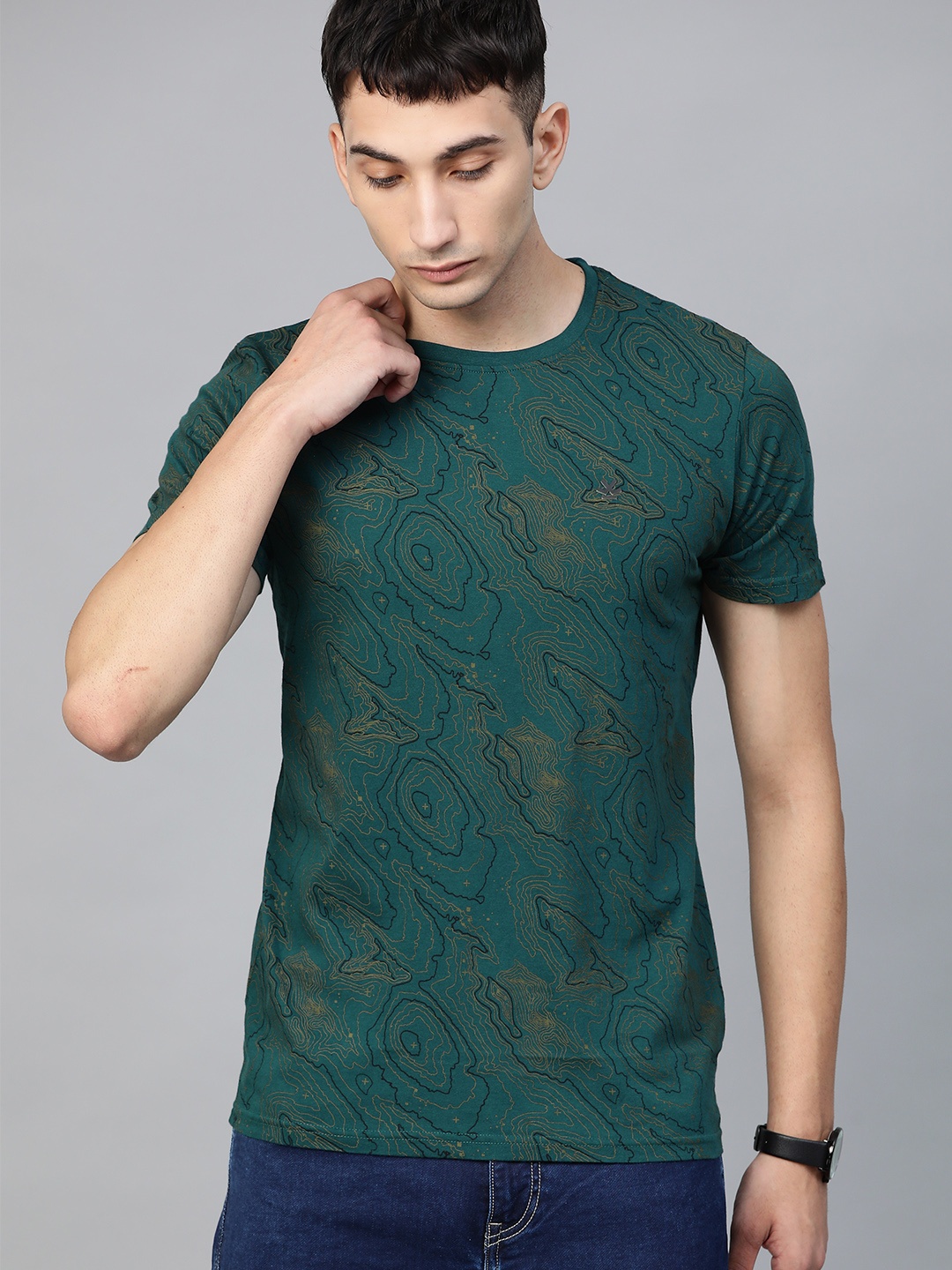 

WROGN Men Teal Green Printed Round Neck T-shirt