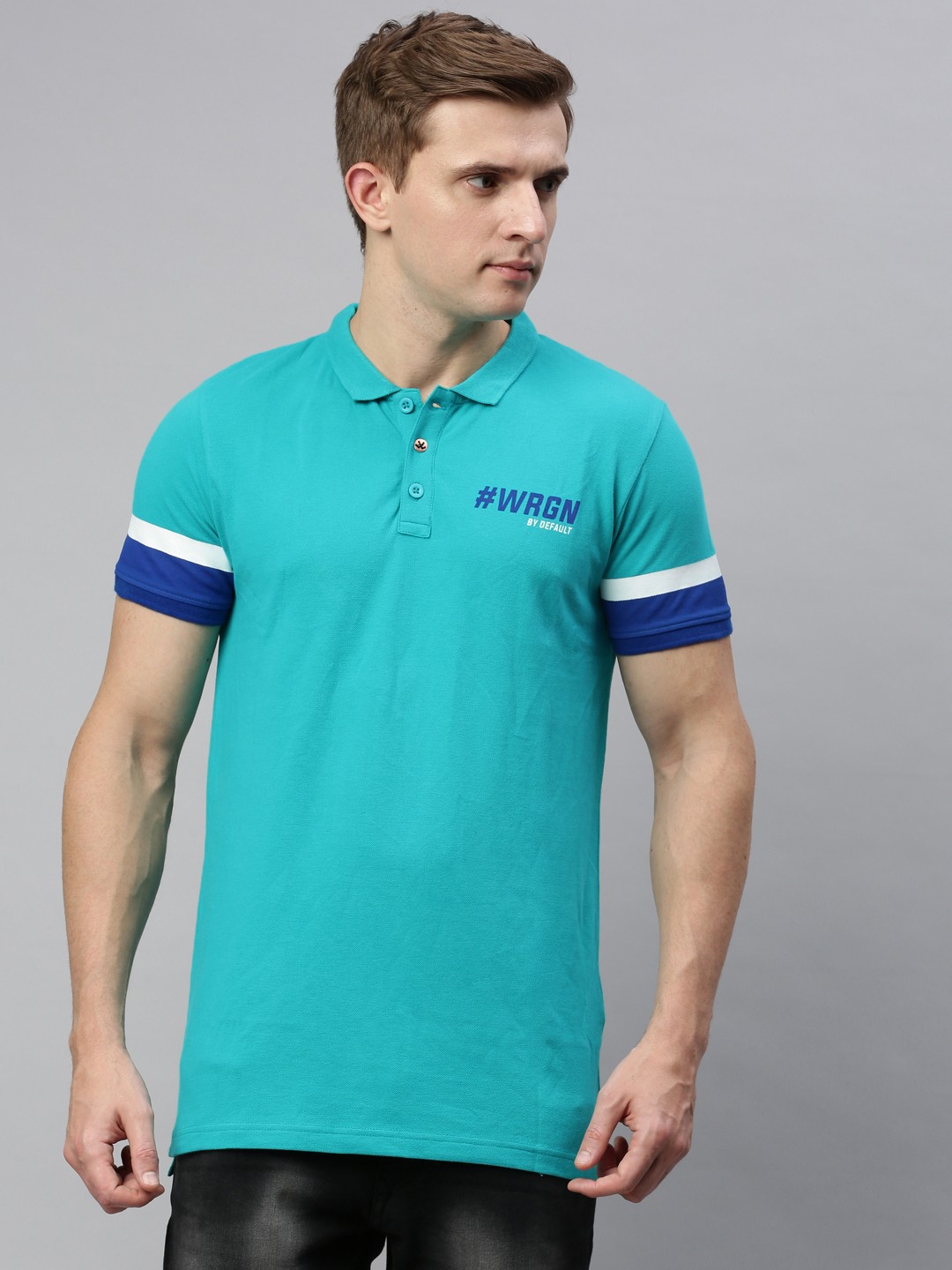 

WROGN Men Turquoise Blue Slim Fit Solid Polo Collar Pure Cotton T-shirt