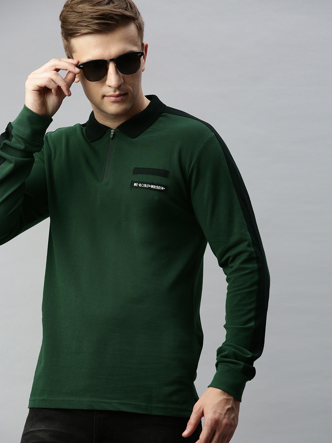 

WROGN Men Olive Green Solid Slim Fit Contrast Polo Collar Pure Cotton T-shirt