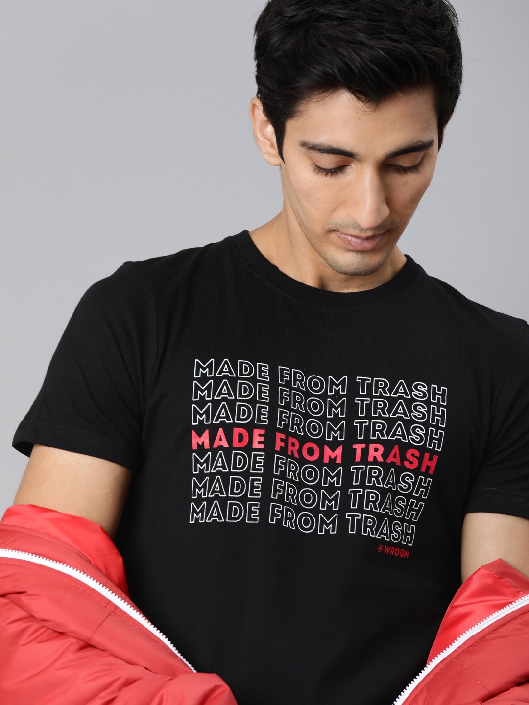 

WROGN Men Black Slim Fit Printed Round Neck Sustainable Pure Cotton T-shirt