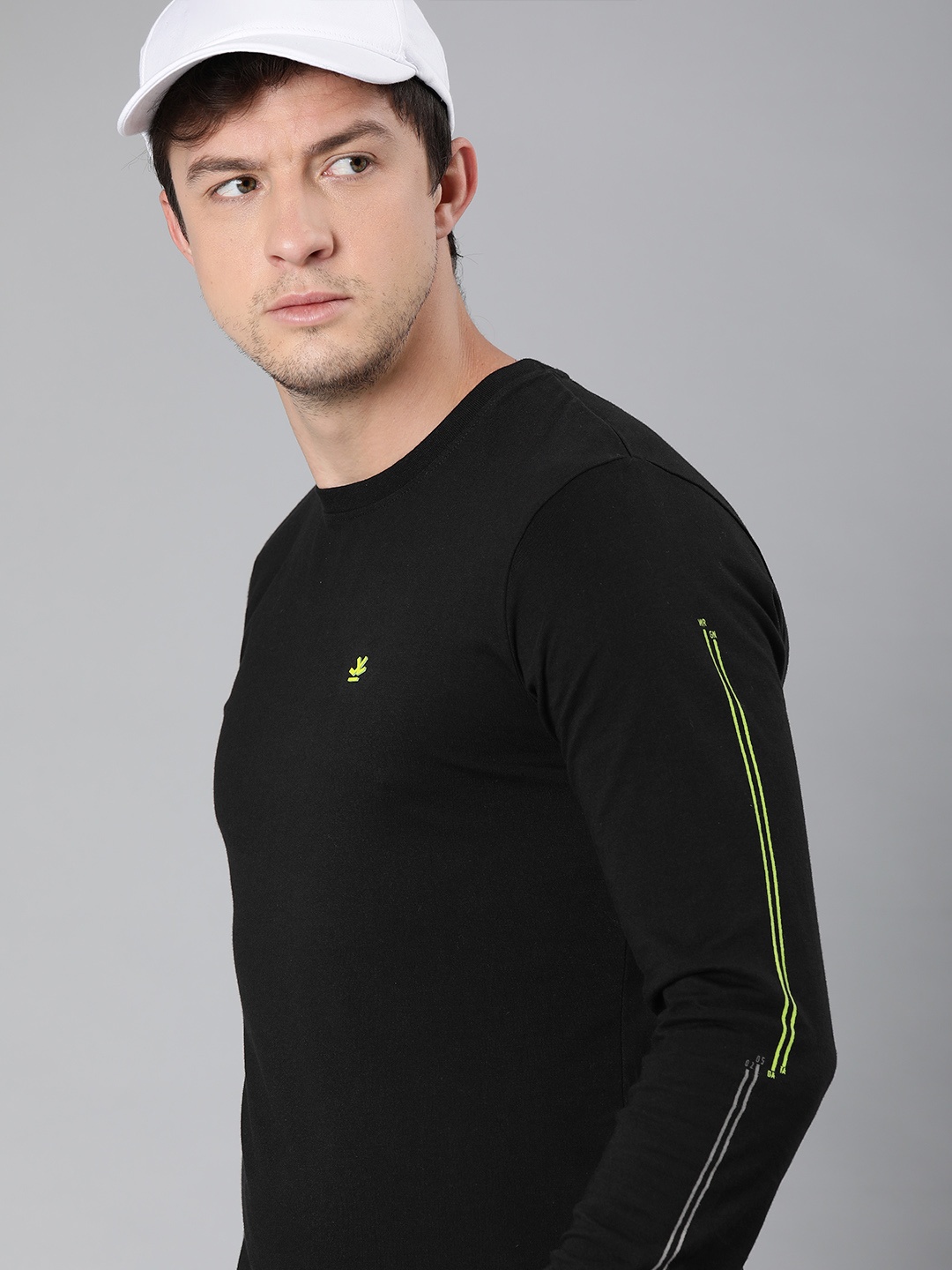 

WROGN Men Black Solid Round Neck Pure Cotton T-shirt With Side Stripes