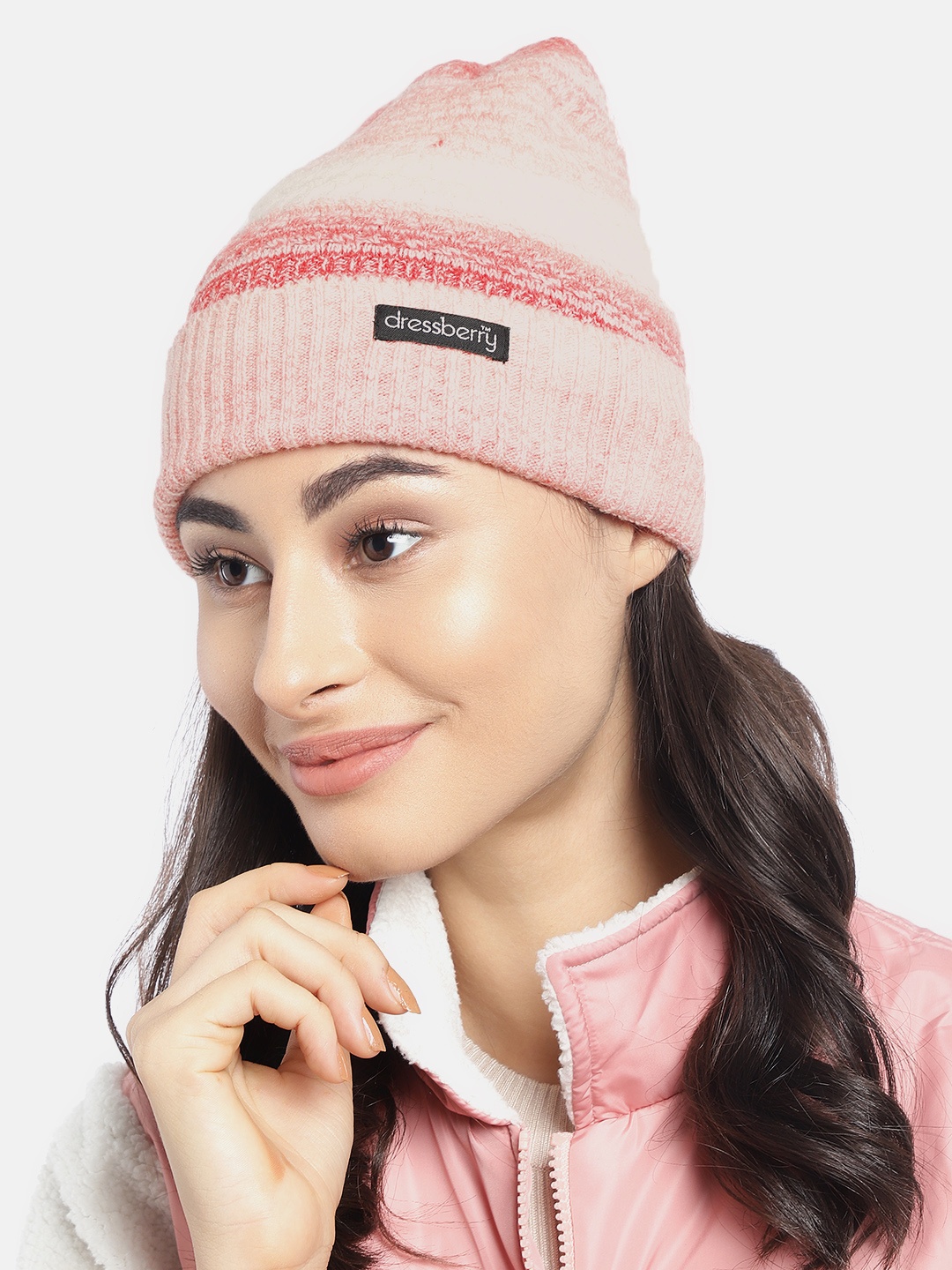 

DressBerry Women Beige & Red Self Design Acrylic Beanie