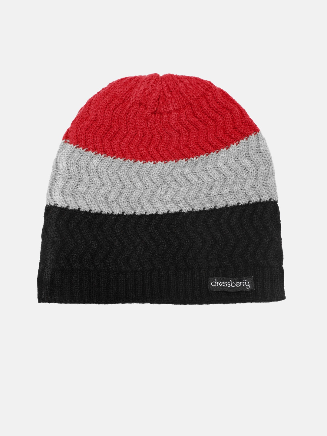 

DressBerry Women Grey & Red Colourblocked Acrylic Beanie