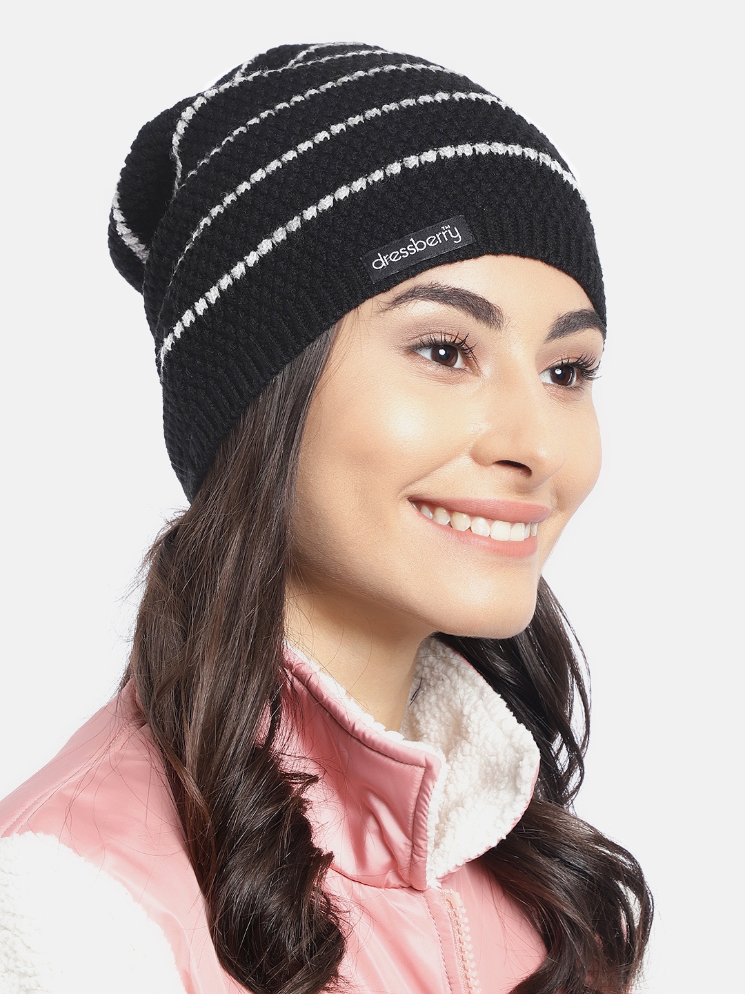 

DressBerry Women Black & White Striped Acrylic Beanie