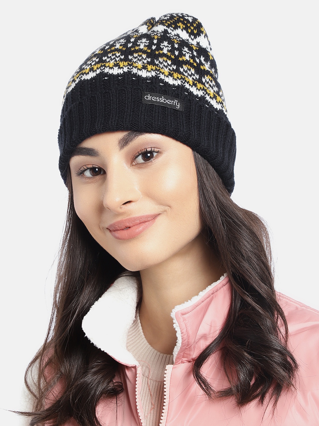 

DressBerry Women Black & White Woven Design Acrylic Beanie