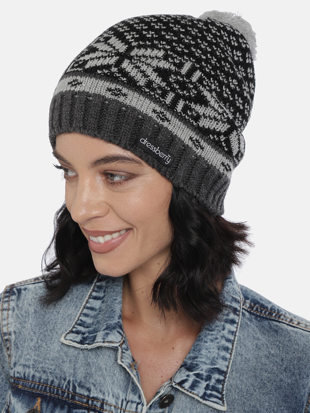 

DressBerry Women Black & Grey Self Design Beanie