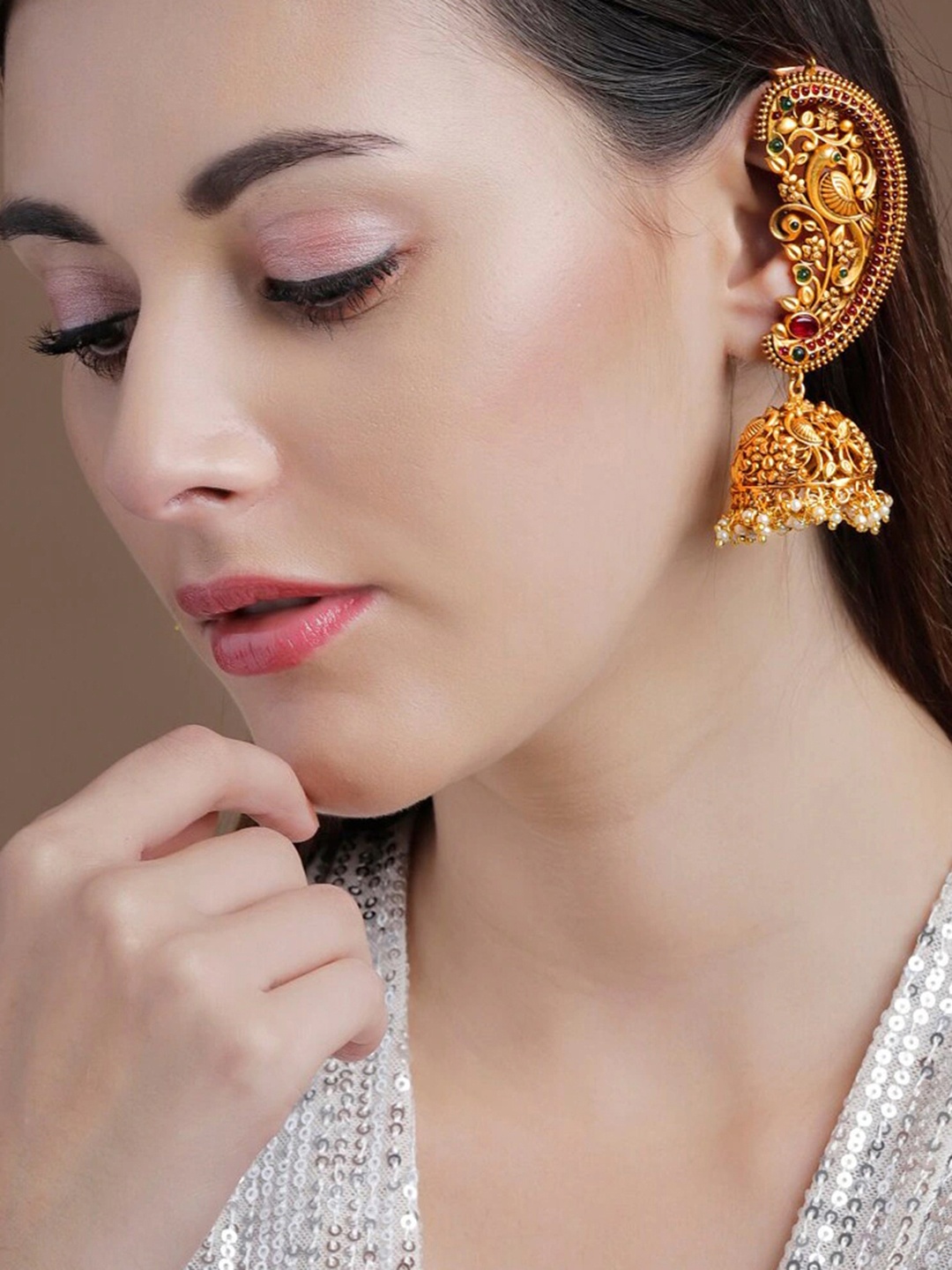 

Rubans Peacock Shaped Traditionally Handcrafted 22 Kt Gold Plated Jhumkas