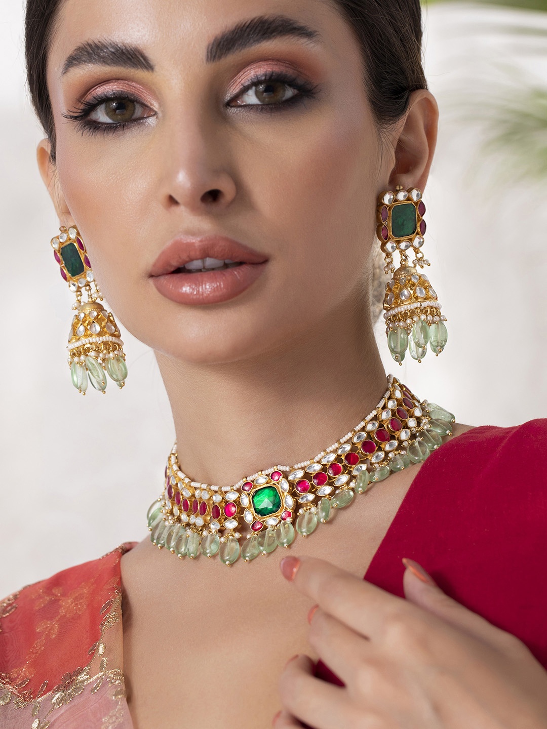 

Rubans Gold-Plated Pink & Green Kundan-Studded Beaded Handcrafted Jewellery Set