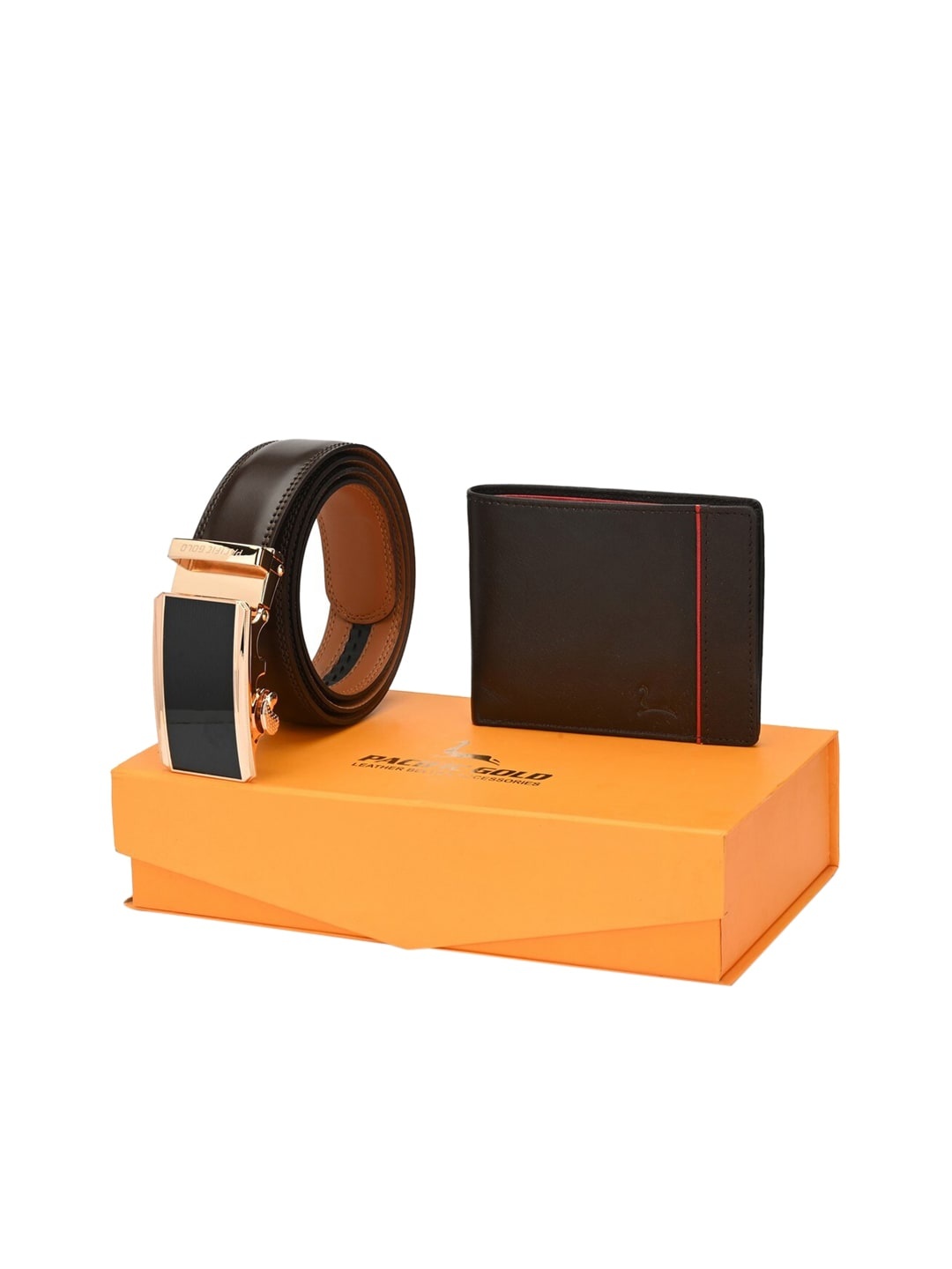

Pacific Gold Men Brown Genuine Leather Autolock Belt & Wallet Accessory Gift Set