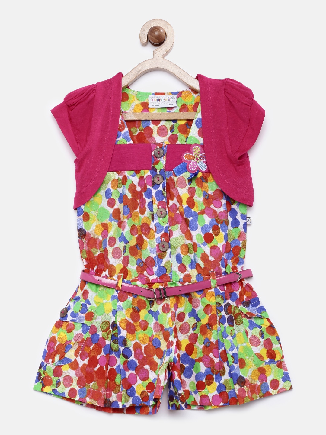 

Peppermint Girls Pink & Orange Printed Belted Playsuit with Shrug