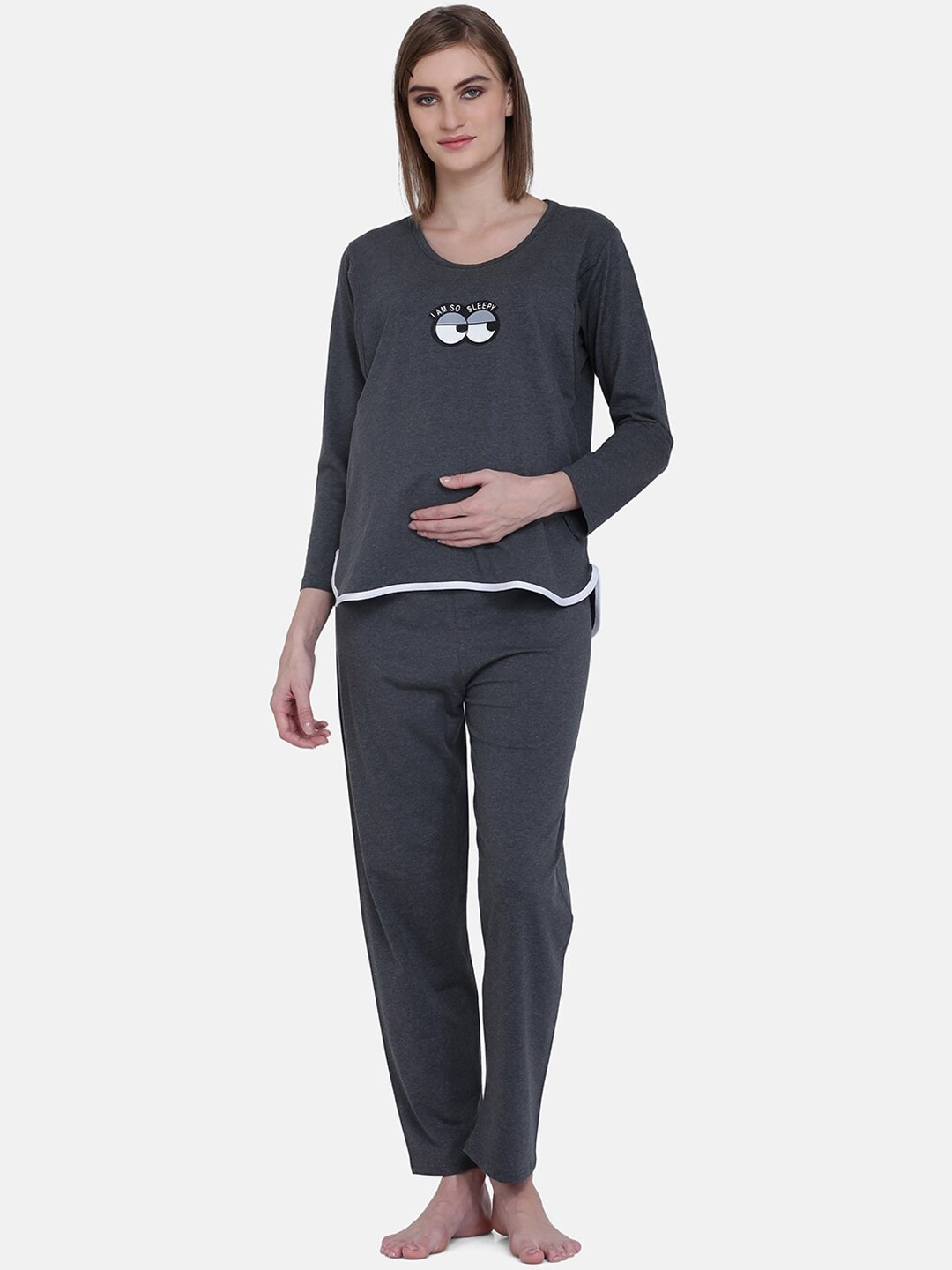 

MAMMA PRESTO Women Grey Printed Maternity Night suit