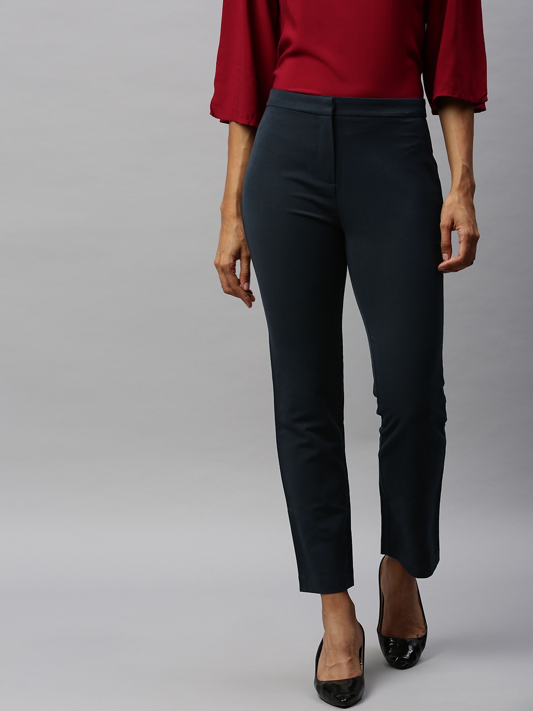 

AND Women Navy Blue Regular Fit Solid Formal Trousers