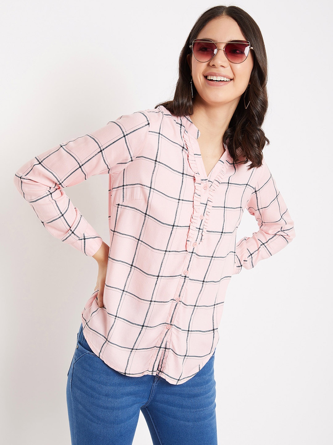 Crimsoune Club Women Pink & Black Slim Fit Checked Casual Shirt