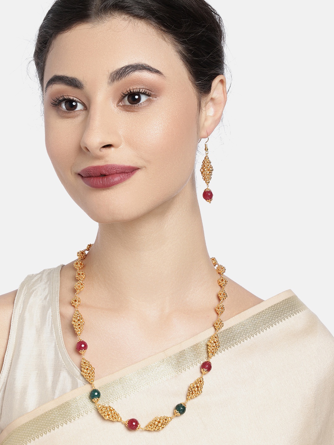 

AccessHer Women Gold-Plated & Red Faux Ruby Beaded Jewellery Set