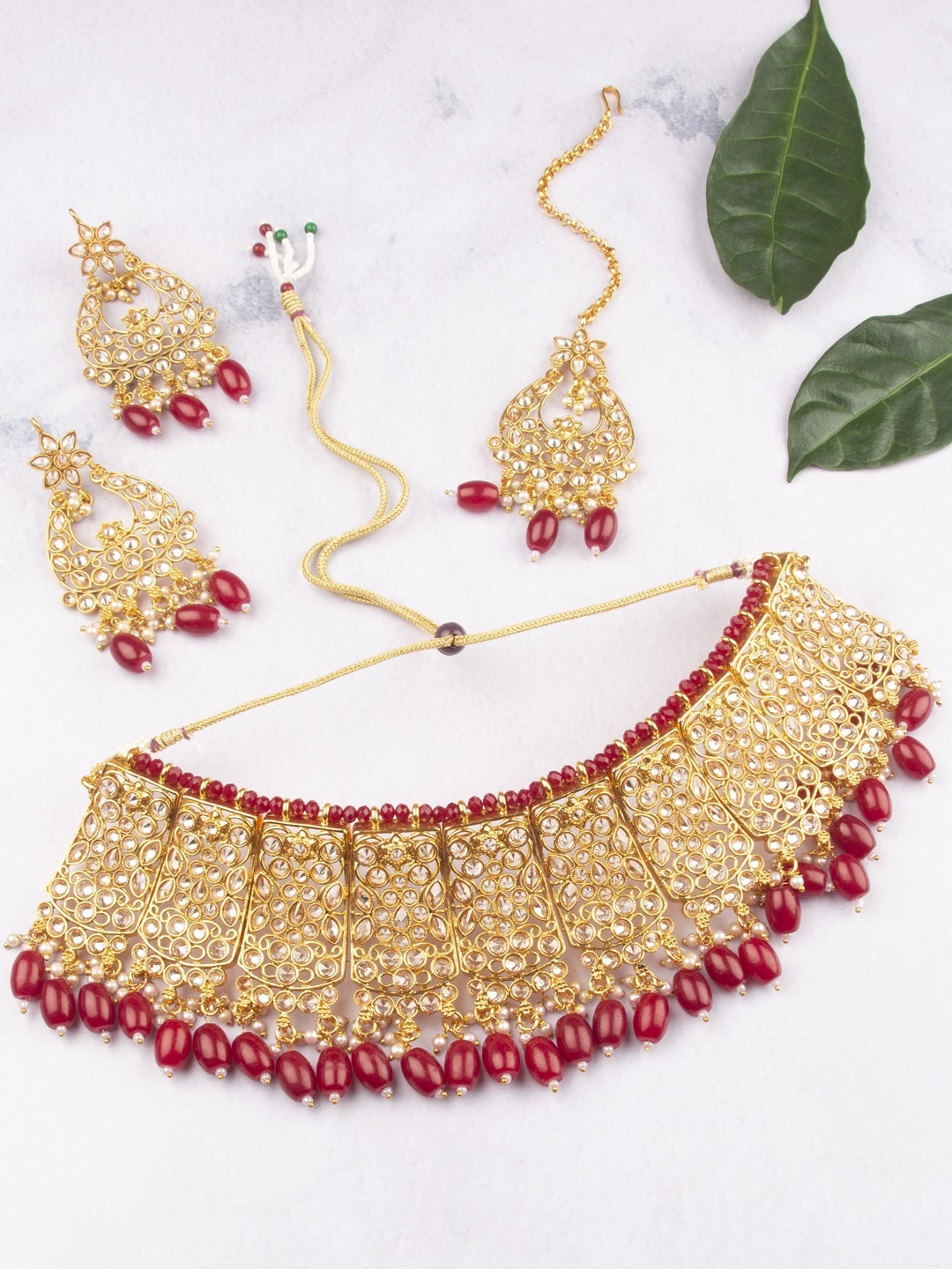 

AccessHer Women Gold-Plated & Red Antique Jewellery Set