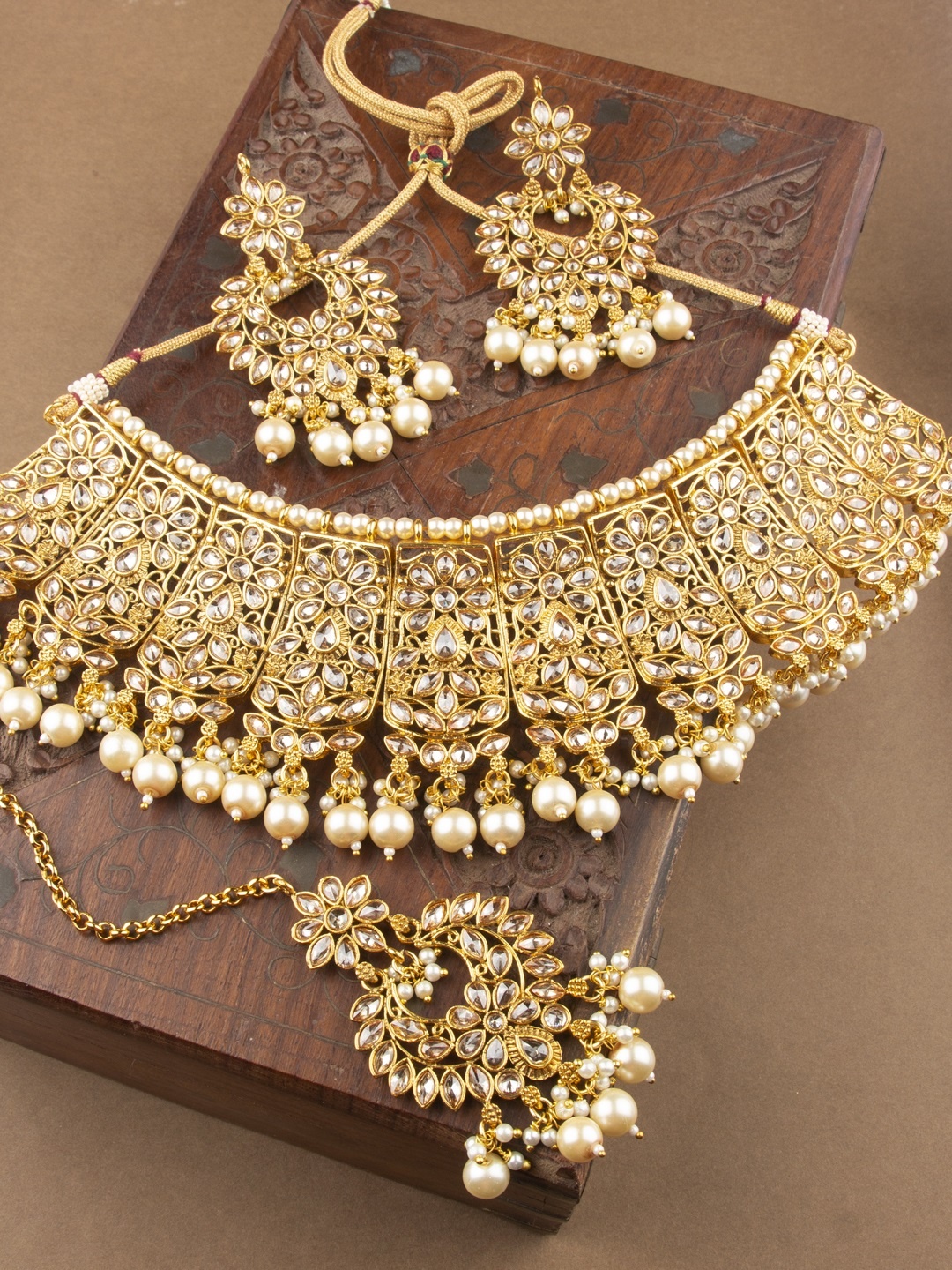 

AccessHer Gold-Plated Handcrafted Choker Style Necklace, Earring & Maang Tika Set