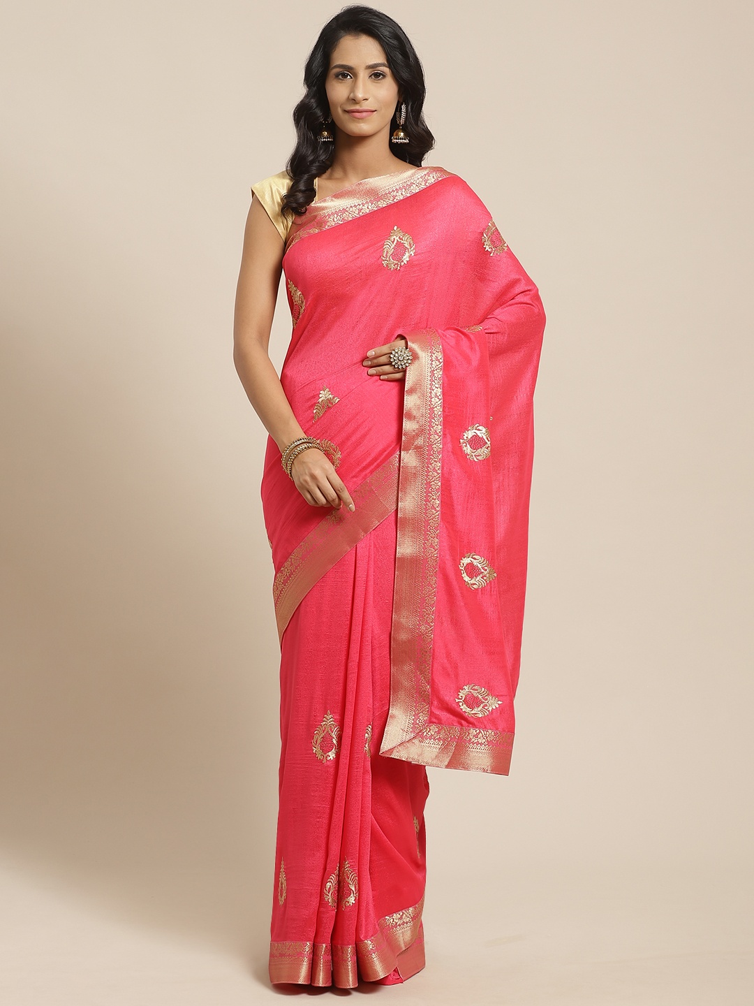 

Kalista Coral Pink & Golden Ethnic Embroidered Saree